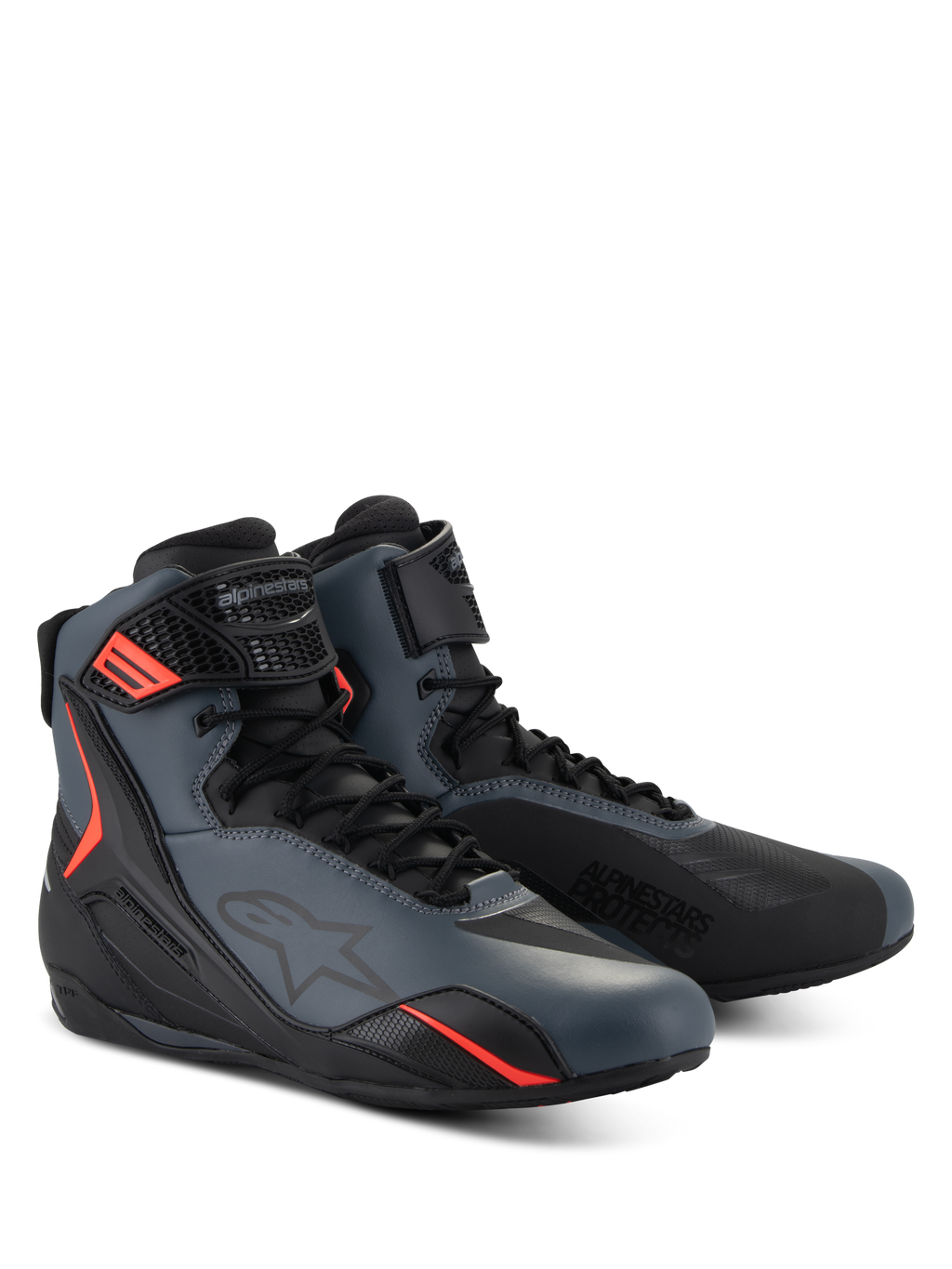 Alpinestars Faster-4-skor, motorcykelskor, svart, grå och röd fluo, sömlös ovandel i mikrofiber med skyddande TPU-paneler, snörning med kardborreband, sportig aerodynamisk profil för vägkörning