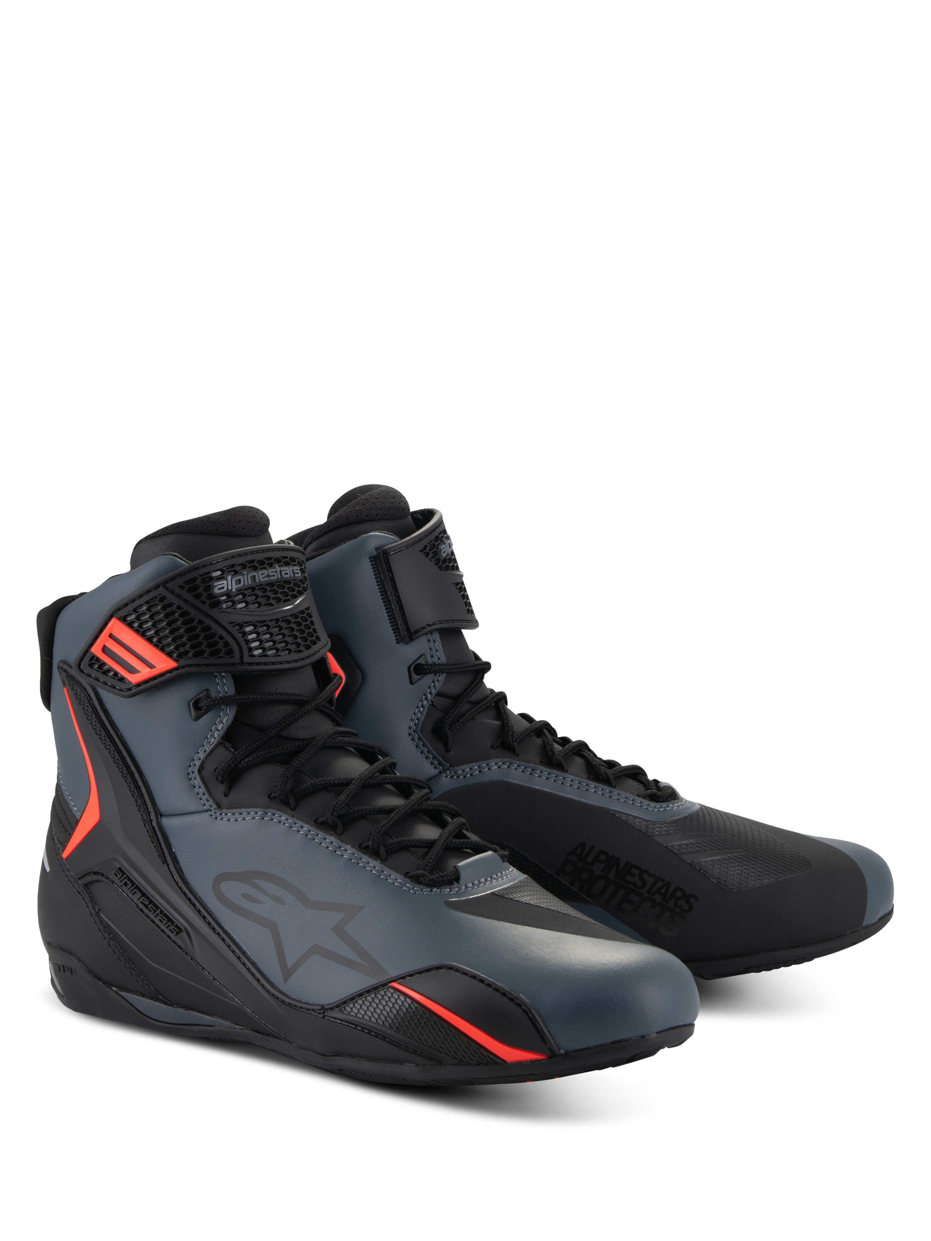 Alpinestars Faster-4-skor, motorcykelskor, svart, grå och röd fluo, sömlös ovandel i mikrofiber med skyddande TPU-paneler, snörning med kardborreband, sportig aerodynamisk profil för vägkörning