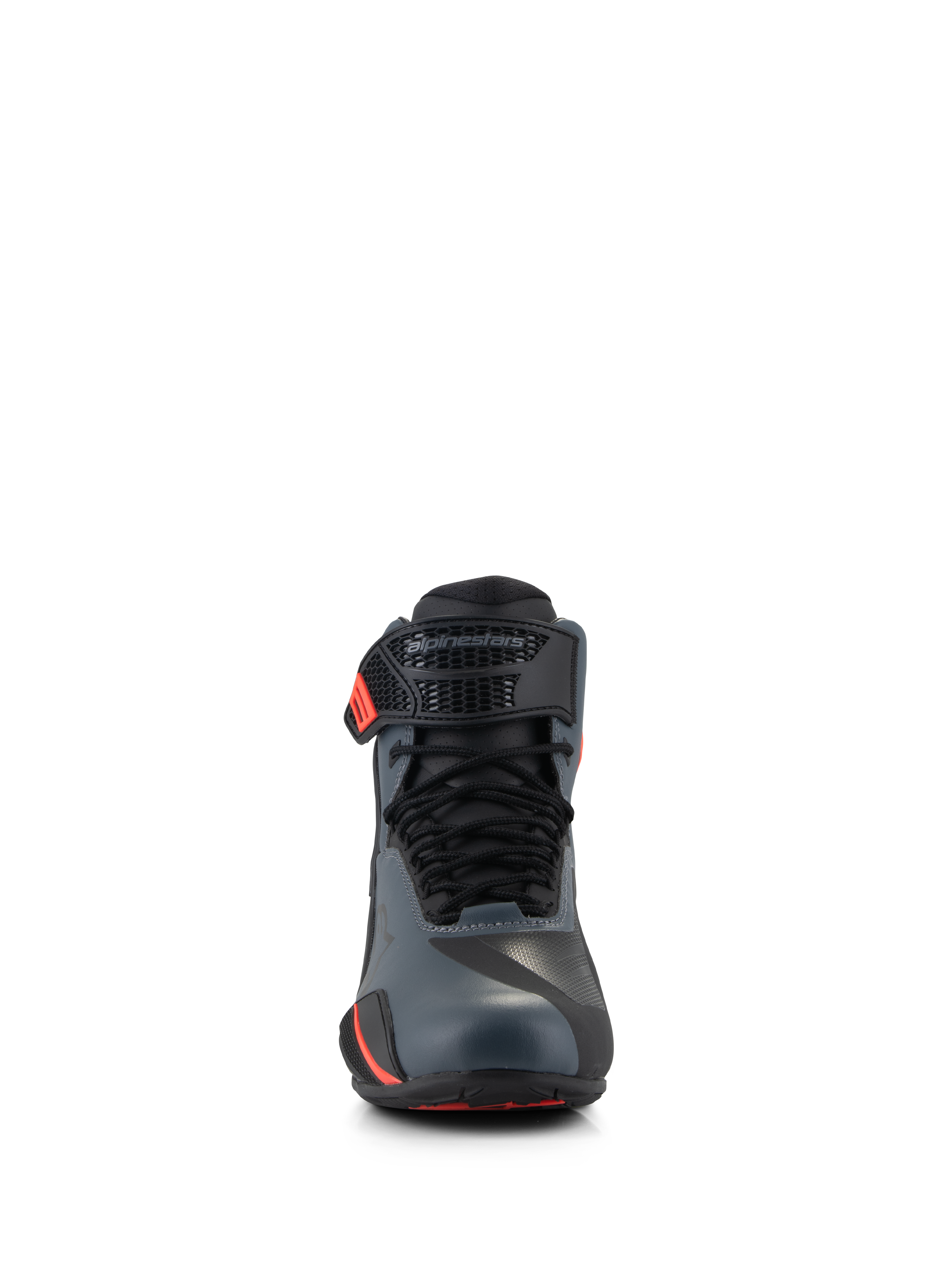 Alpinestars Faster-4-skor, motorcykelskor, svarta, grå och neonröda, vy framifrån med sömlös ovandel i mikrofiber, traditionell snörning och justerbar ankelrem med Alpinestars-logotyp