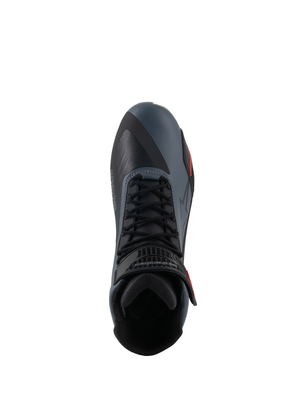 Alpinestars Faster-4-skor, motorcykelskor, svarta, grå och röd fluo, vy uppifrån som framhäver snörningen och ankelremmen, teknisk ovandel i mikrofiber med sömlösa paneler, sportig design för högpresterande vägkörning.