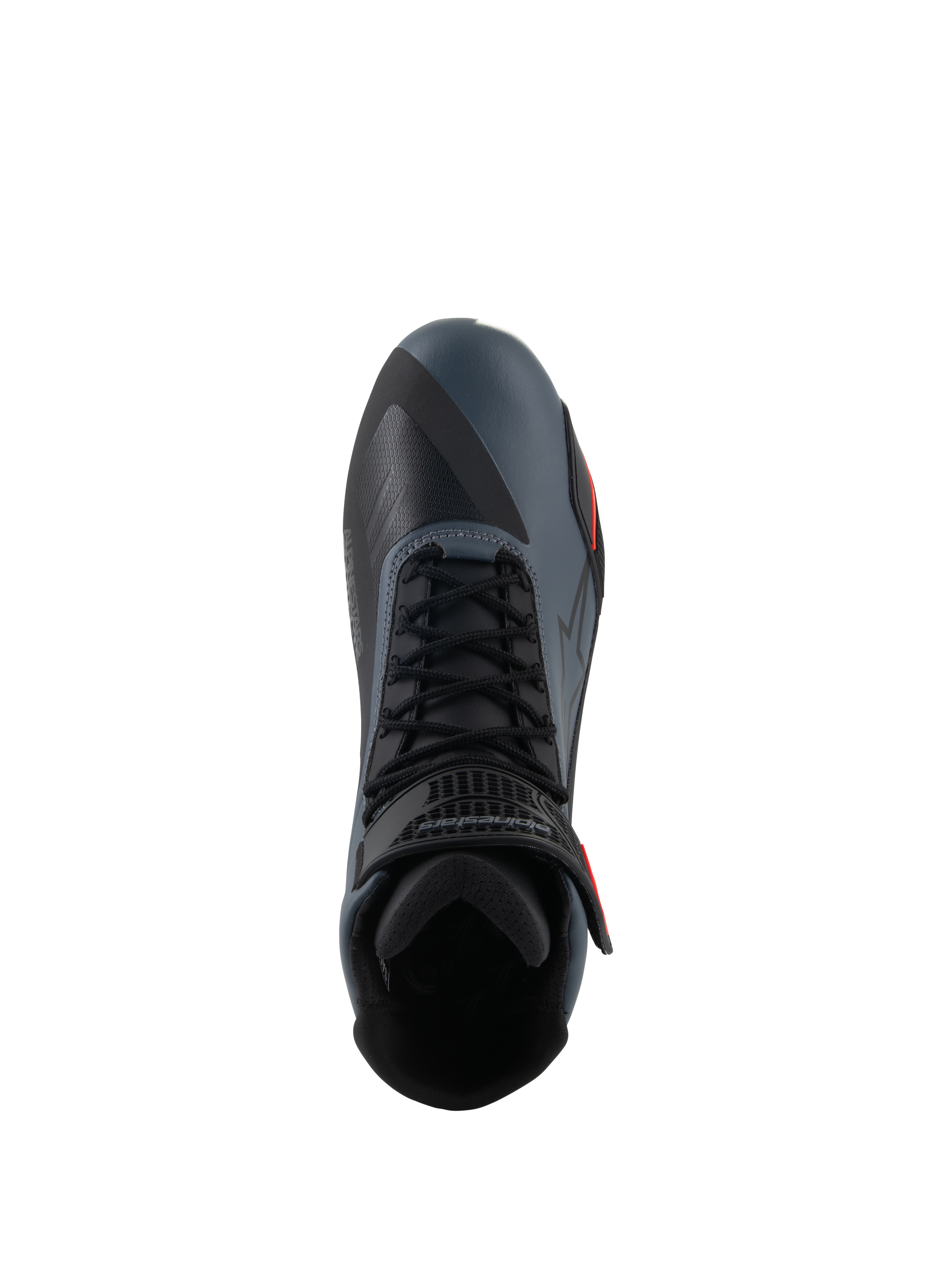 Alpinestars Faster-4-skor, motorcykelskor, svarta, grå och röd fluo, vy uppifrån som framhäver snörningen och ankelremmen, teknisk ovandel i mikrofiber med sömlösa paneler, sportig design för högpresterande vägkörning.