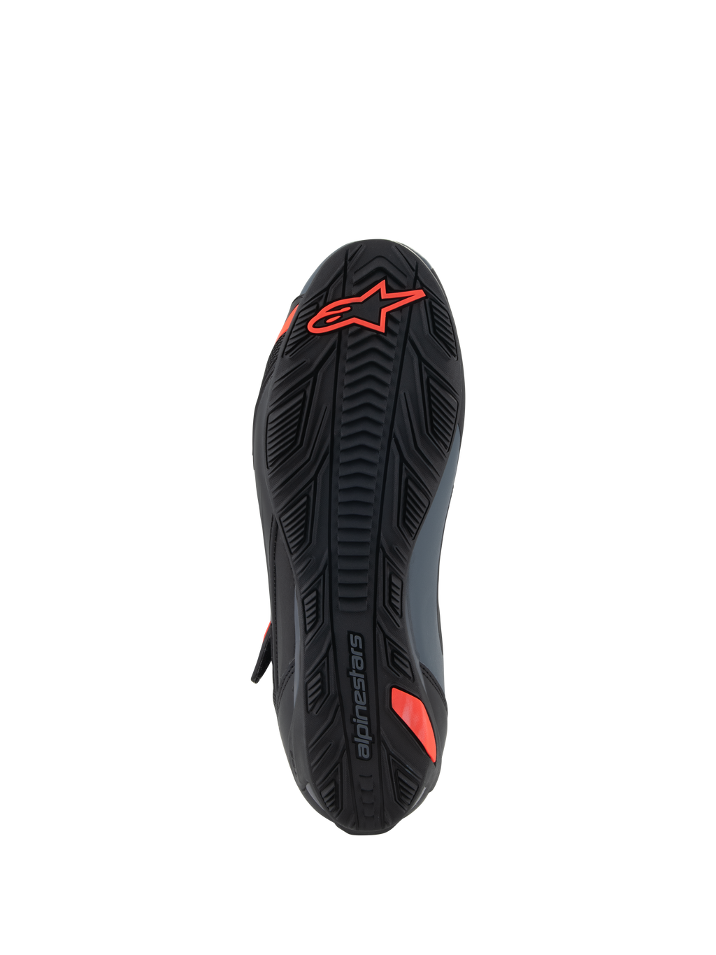 Alpinestars Faster-4-skor, motorcykelskor, svart och röd fluo, vy underifrån som visar texturerad gummisula med röd Astars-logotyp och präglat varumärke, designad för grepp och hållbarhet.
