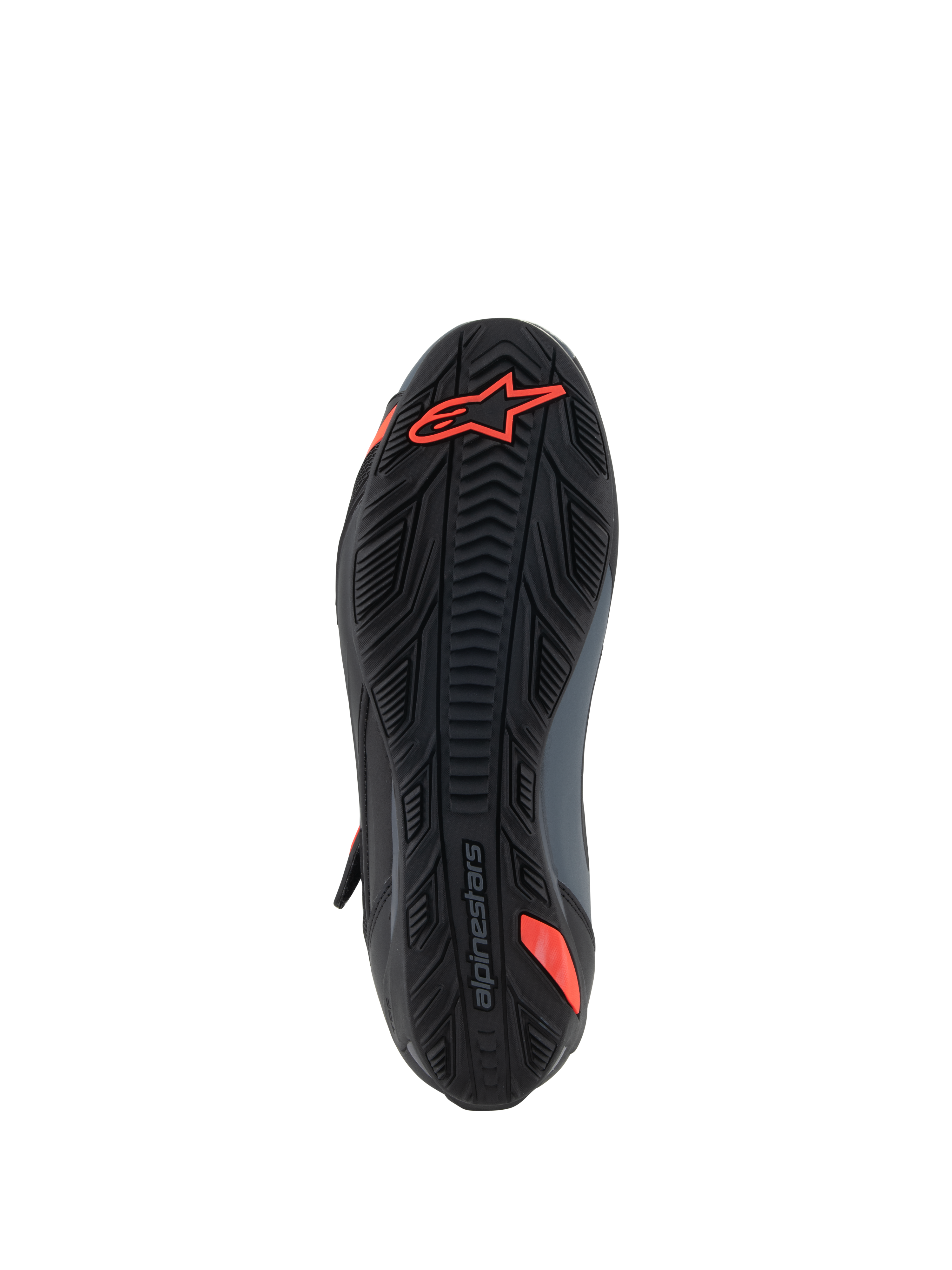 Alpinestars Faster-4-skor, motorcykelskor, svart och röd fluo, vy underifrån som visar texturerad gummisula med röd Astars-logotyp och präglat varumärke, designad för grepp och hållbarhet.