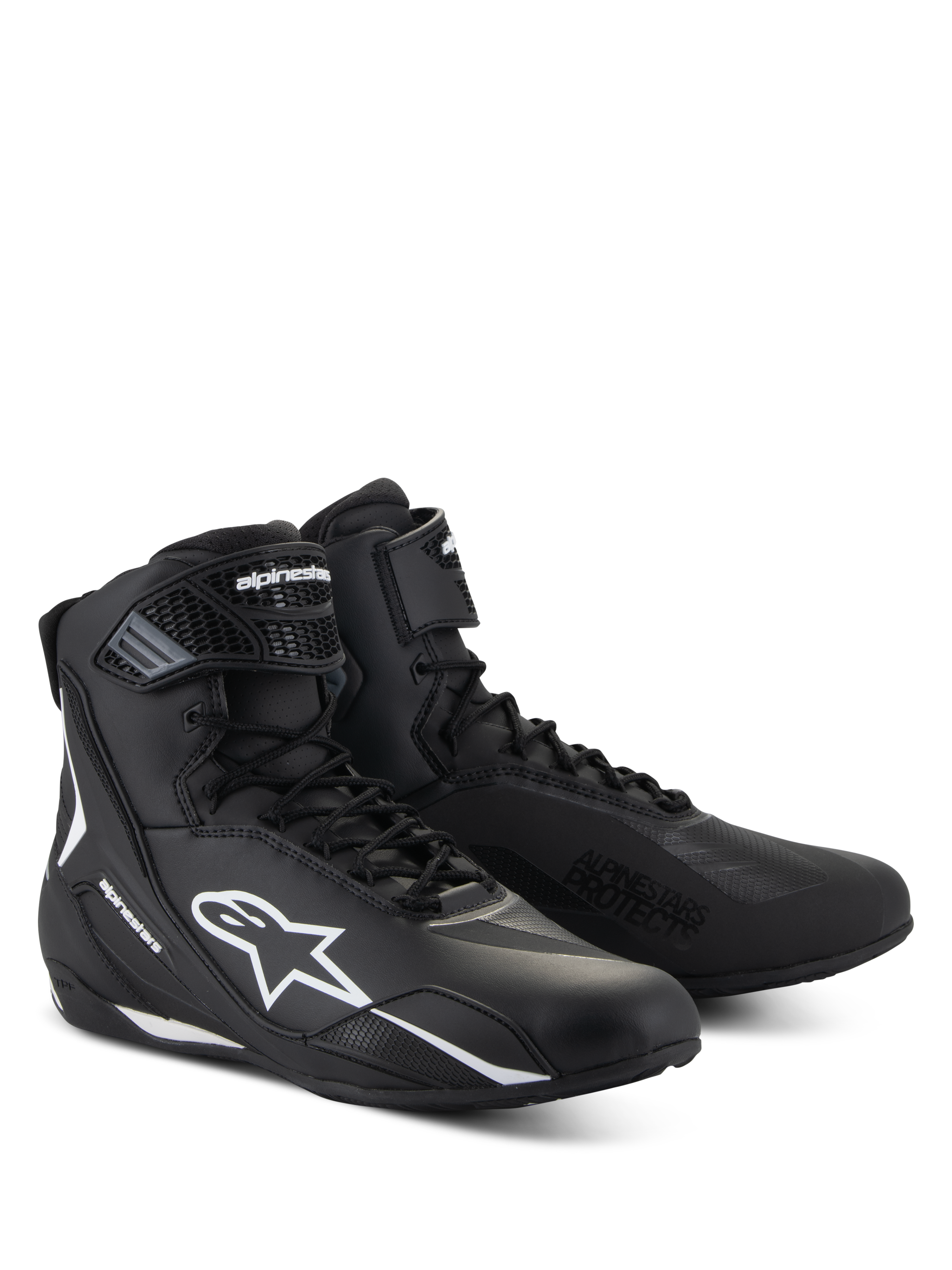 Alpinestars Faster-4 Shoes, black motorcycle riding shoes with white accents, mid-cut design featuring white Astars logo, 'Alpinestars Protects' text on the toe, and a combination lace and hook-and-loop closure.