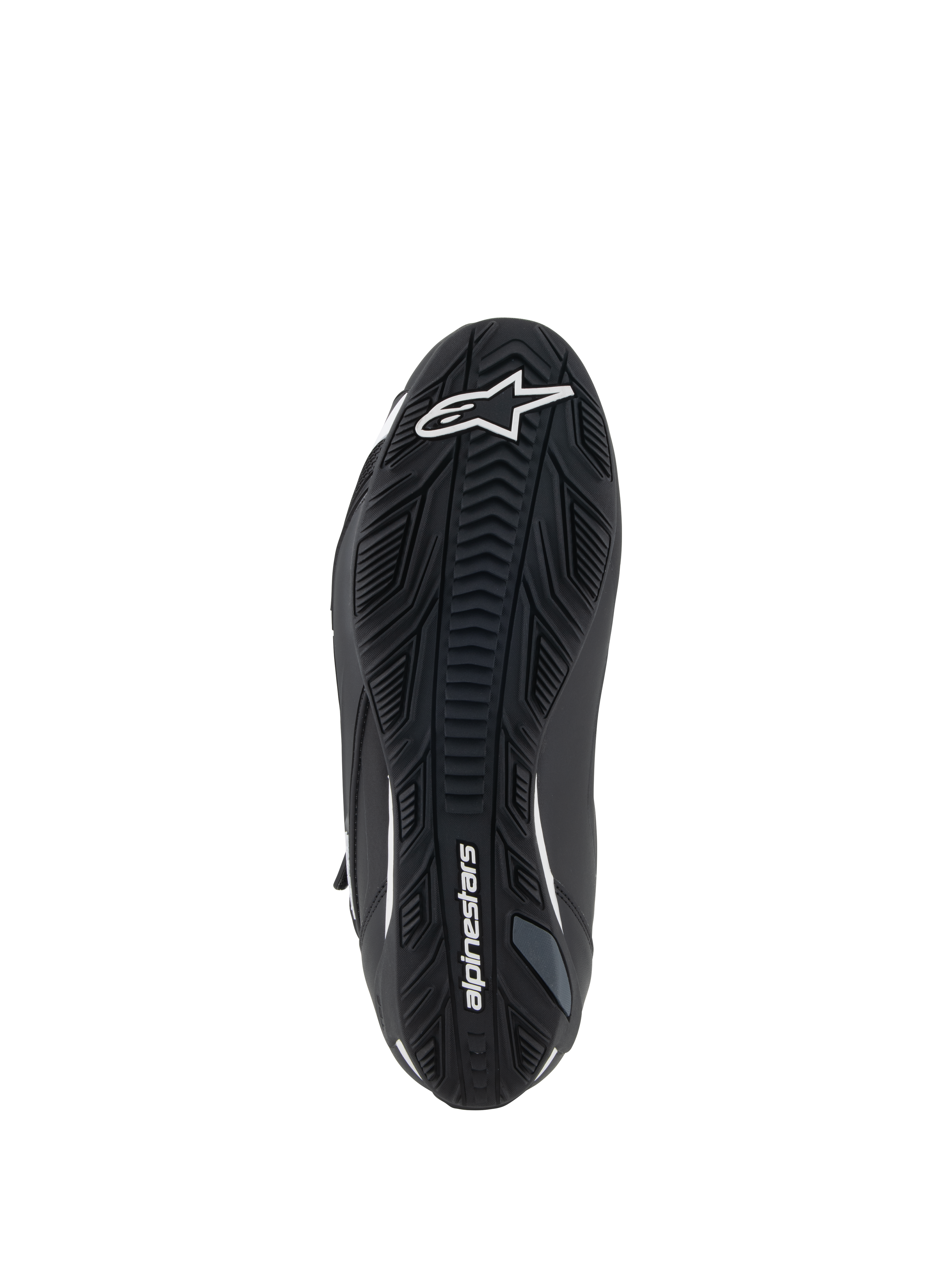 Alpinestars Faster-4 Shoes, Motorcycle Riding Shoes, Black and White, textured rubber sole view, featuring white Alpinestars star logo on the toe and wordmark on the arch, grip-focused outsole for road performance