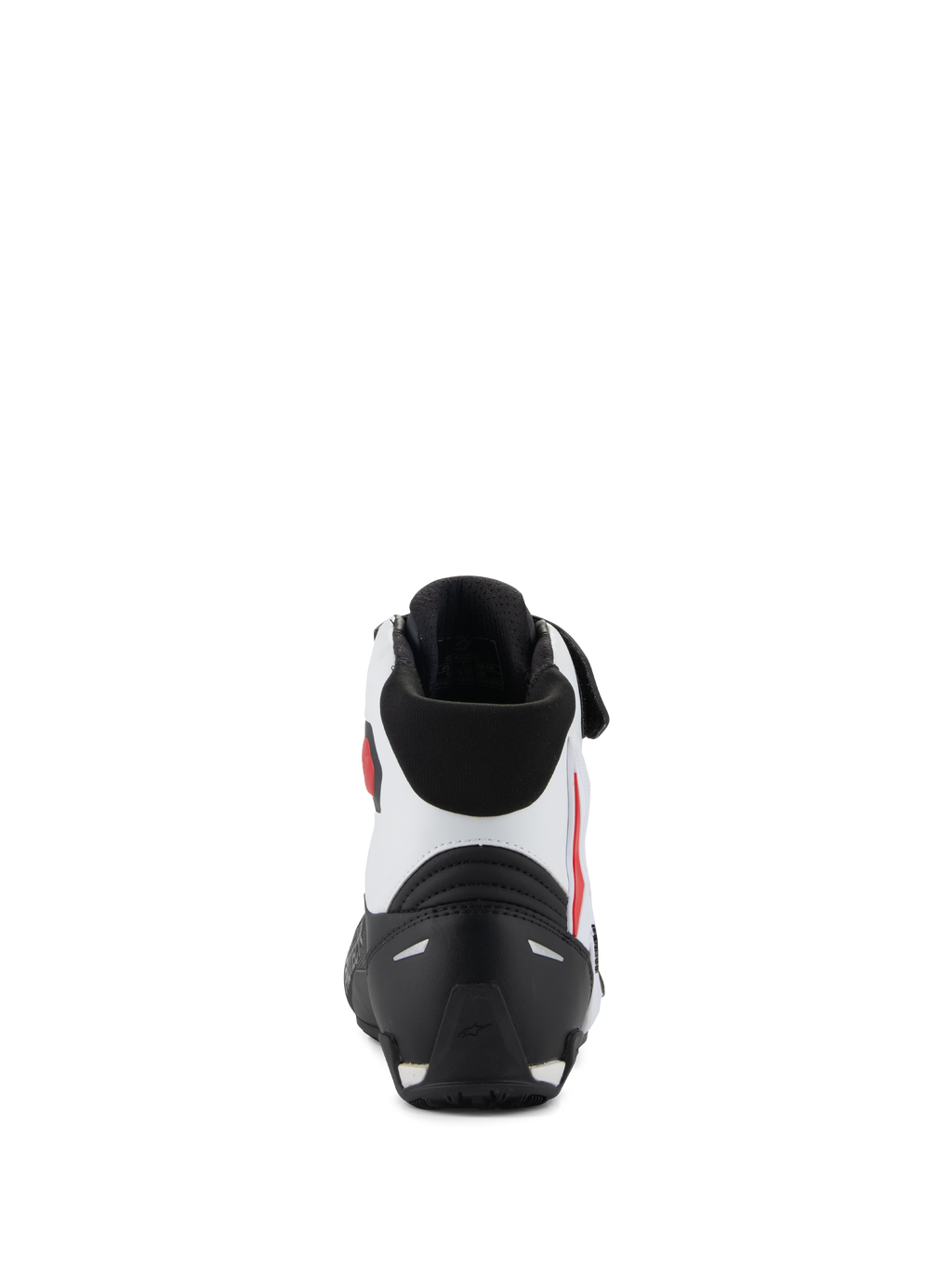 Alpinestars Faster-4-skor, vy bakifrån, svart, vit och röd, med svart TPR-hälkappa, vit ovandel i mikrofiber med röda accenter och svart vadderad krage, prestandafokuserade motorcykelskor