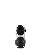 Alpinestars Faster-4-skor, vy bakifrån, svart, vit och röd, med svart TPR-hälkappa, vit ovandel i mikrofiber med röda accenter och svart vadderad krage, prestandafokuserade motorcykelskor