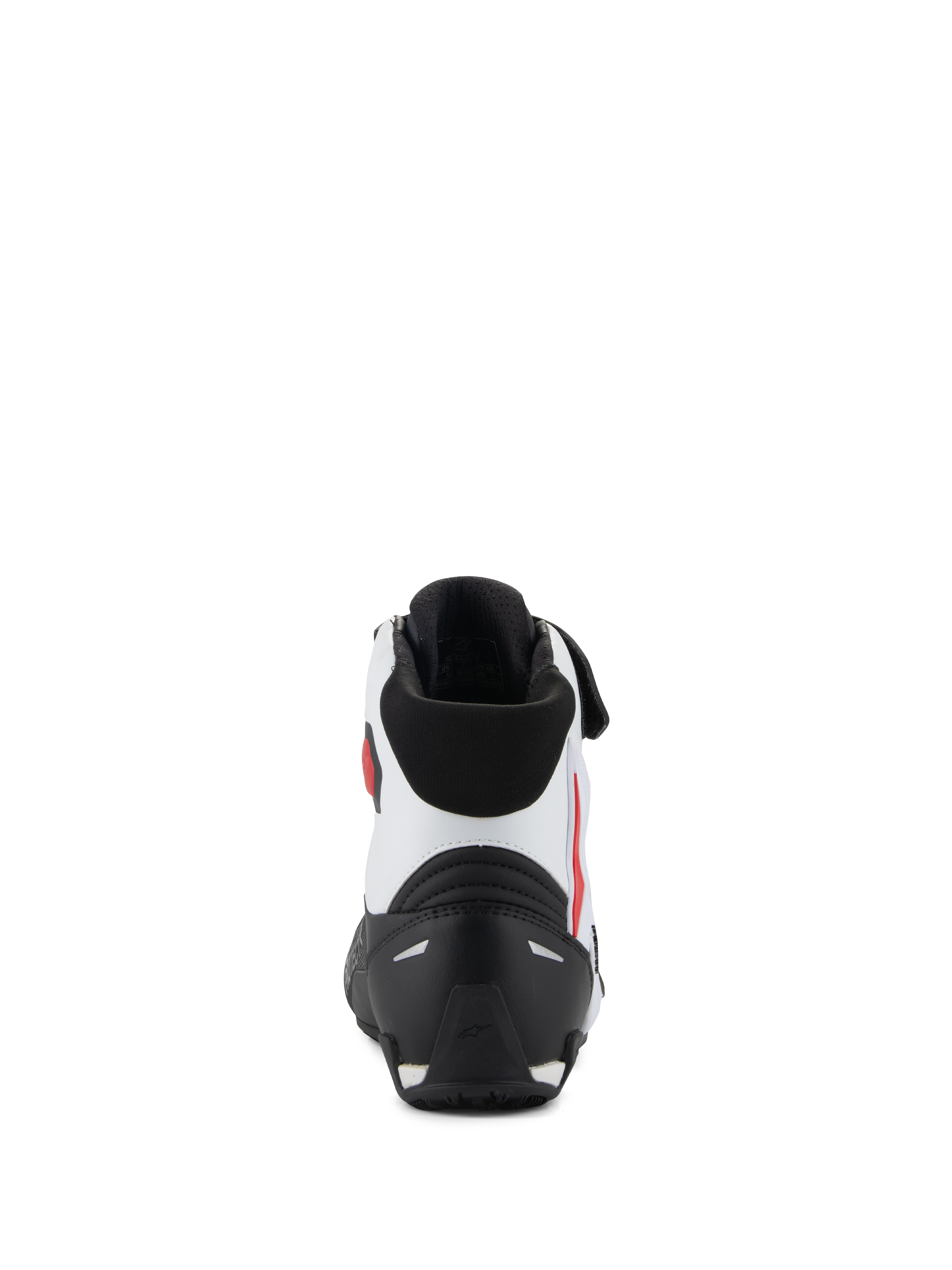 Alpinestars Faster-4-skor, vy bakifrån, svart, vit och röd, med svart TPR-hälkappa, vit ovandel i mikrofiber med röda accenter och svart vadderad krage, prestandafokuserade motorcykelskor