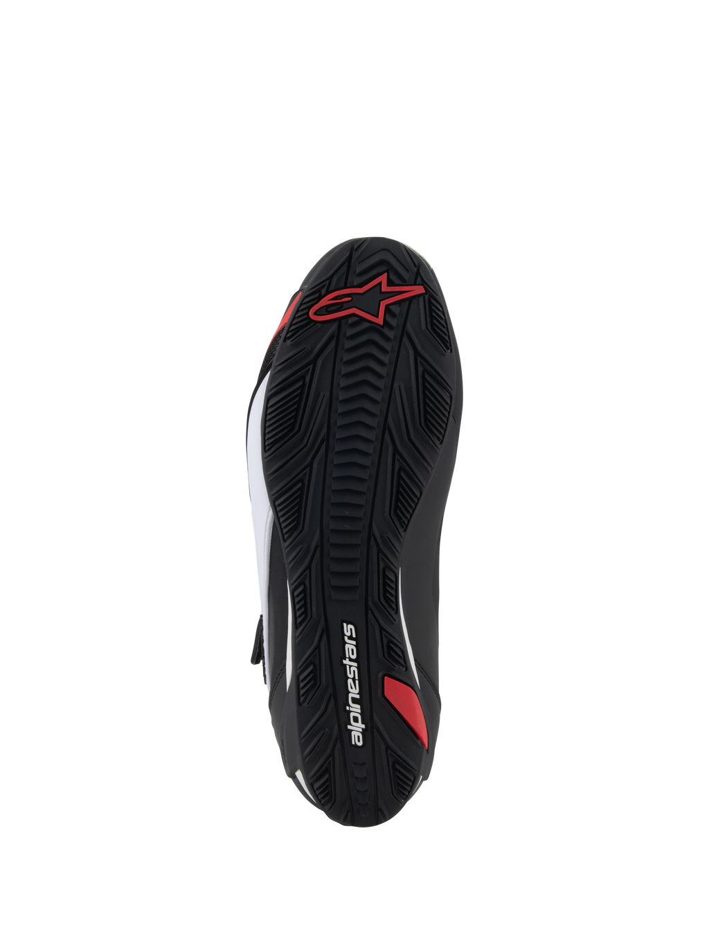 Alpinestars Faster-4-skor, motorcykelskor, vy av undersula, svart gummi med texturerat greppmönster, röd Alpinestars-logotyp och vit profilering, designad för väg- och sportkörning