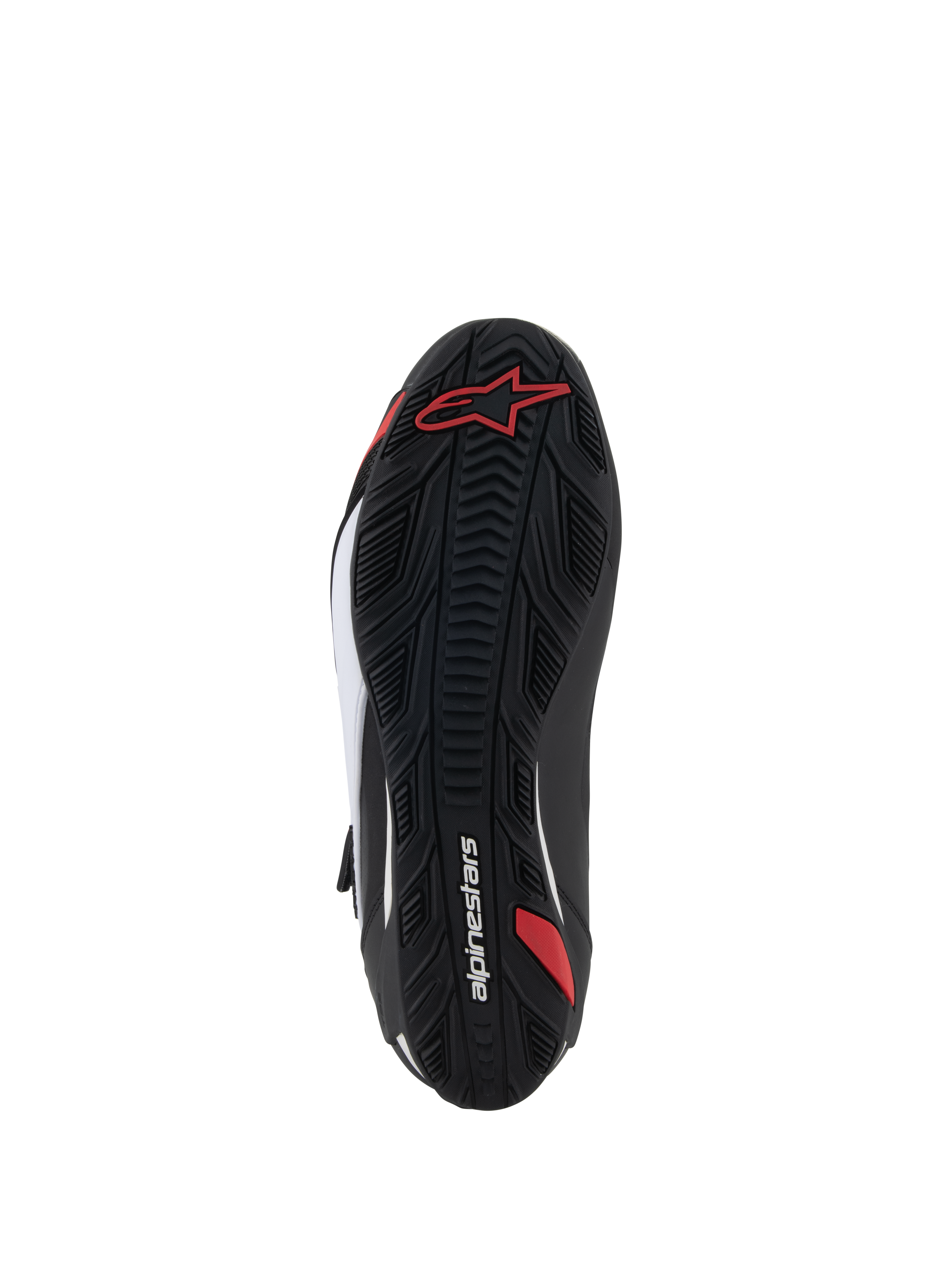 Alpinestars Faster-4-skor, motorcykelskor, vy av undersula, svart gummi med texturerat greppmönster, röd Alpinestars-logotyp och vit profilering, designad för väg- och sportkörning