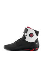 Alpinestars Faster-4 Shoes, Motorcycle Riding Shoes, Black White and Dark Red, medial profile view featuring white upper collar panels, black microfiber chassis, and dark red accents on the heel and ankle.