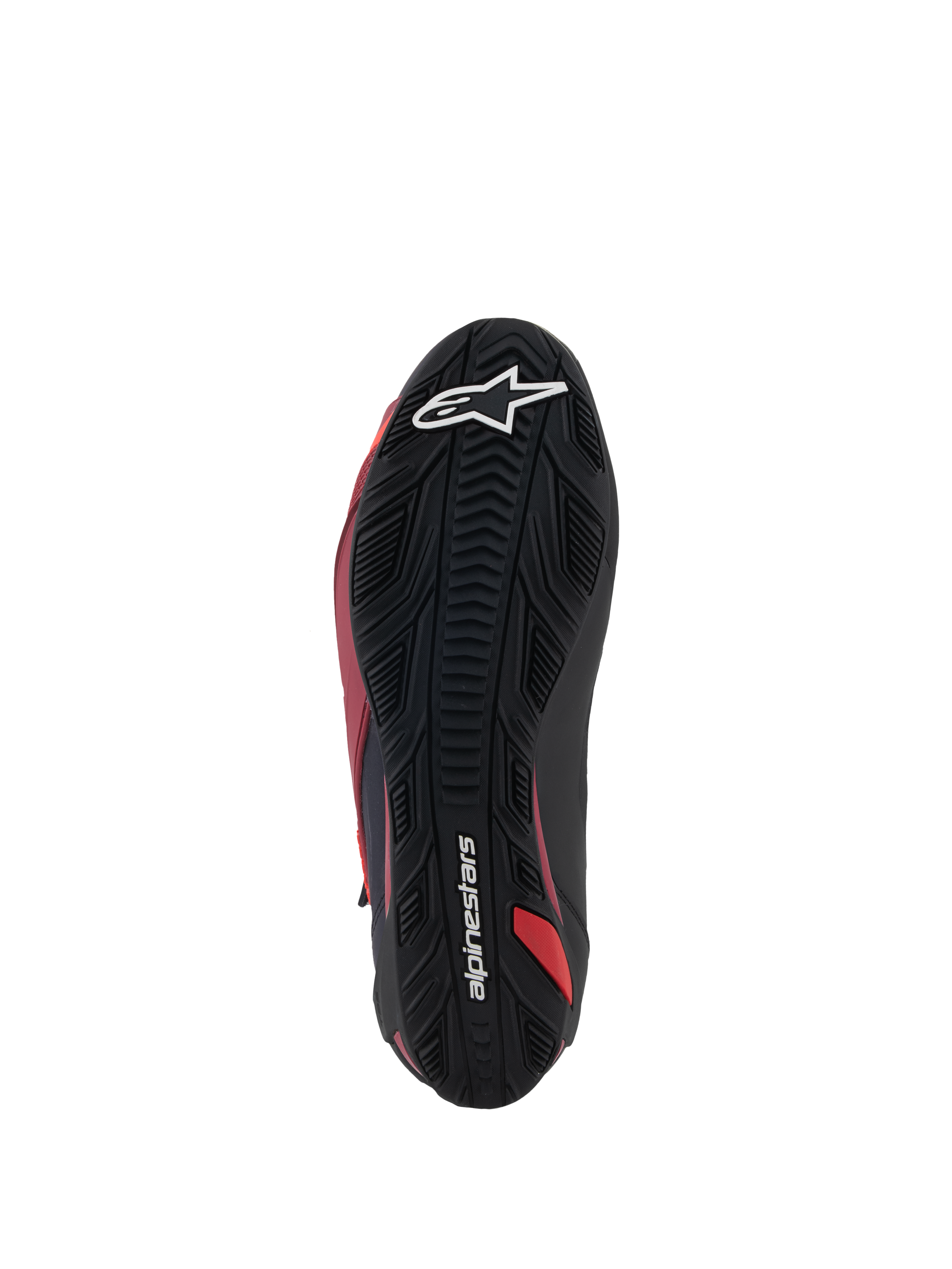 Alpinestars Faster-4 Shoes, Motorcycle Riding Shoes, Black White and Dark Red, bottom view of the textured rubber sole, featuring white star logo and Alpinestars wordmark, durable grip pattern for performance road riding