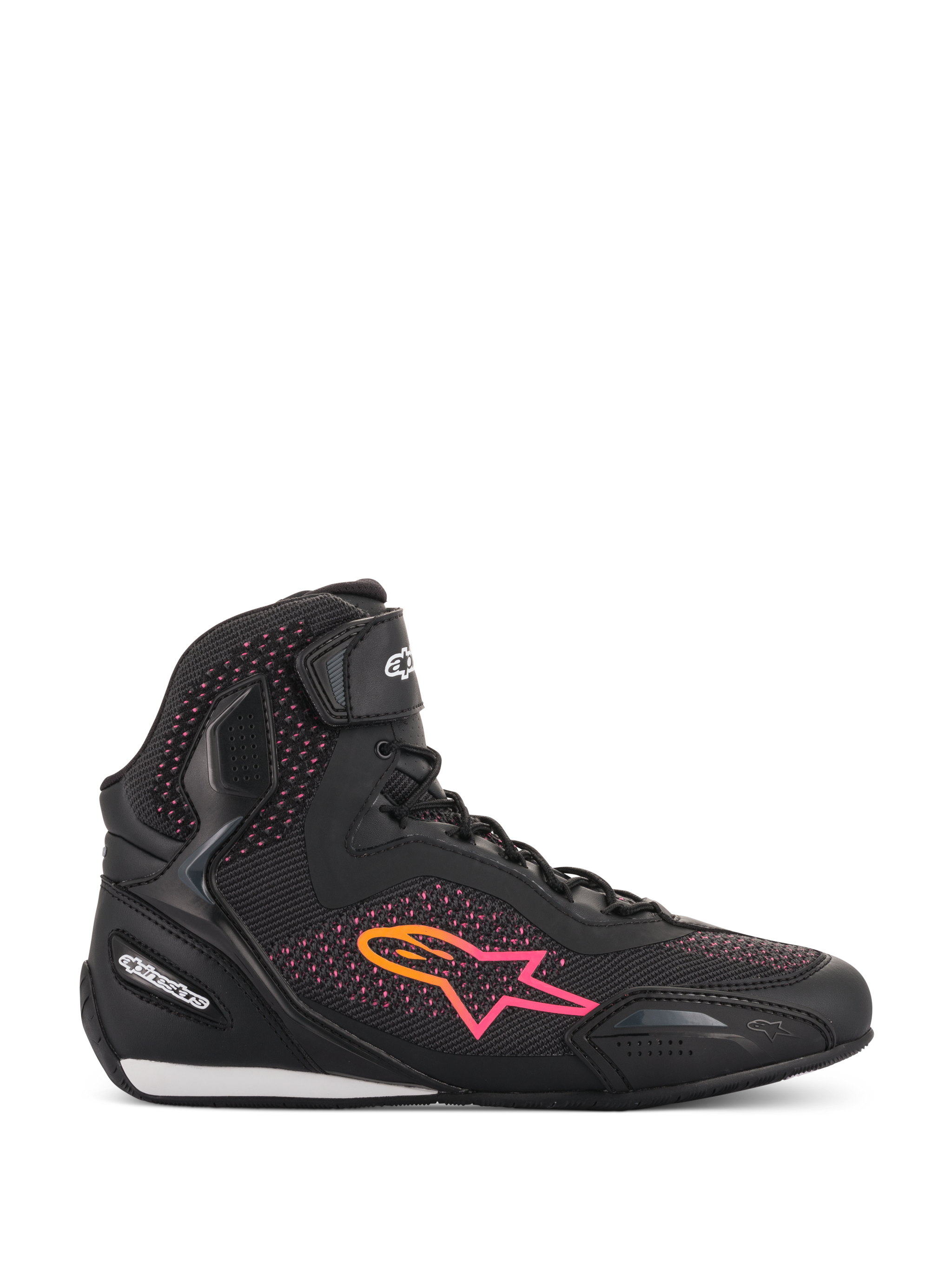 Alpinestars Women Stella Faster-3 Rideknit® Shoes, Motorcycle Riding Shoes, Black Yellow and Pink, side-view profile featuring a breathable knitted upper, vibrant gradient star logo, and hook-and-loop ankle strap.