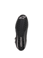 Alpinestars Women Stella Faster-3 Rideknit® Shoes, Black Yellow Pink, outsole view featuring black rubber sole with wavy textured tread, white Alpinestars logo and wordmark, durable design for motorcycle road riding