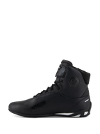 Alpinestars Stella Faster-4 Shoes, Women's Riding Shoes, Black with white accents, side profile view, high-top design featuring lace closure and adjustable ankle strap, protective motorcycle footwear