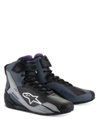 Alpinestars Stella Faster-4 dam-motorcykelstövlar, svarta, grå och violetta, teknisk hög modell med snörning och ankelrem.