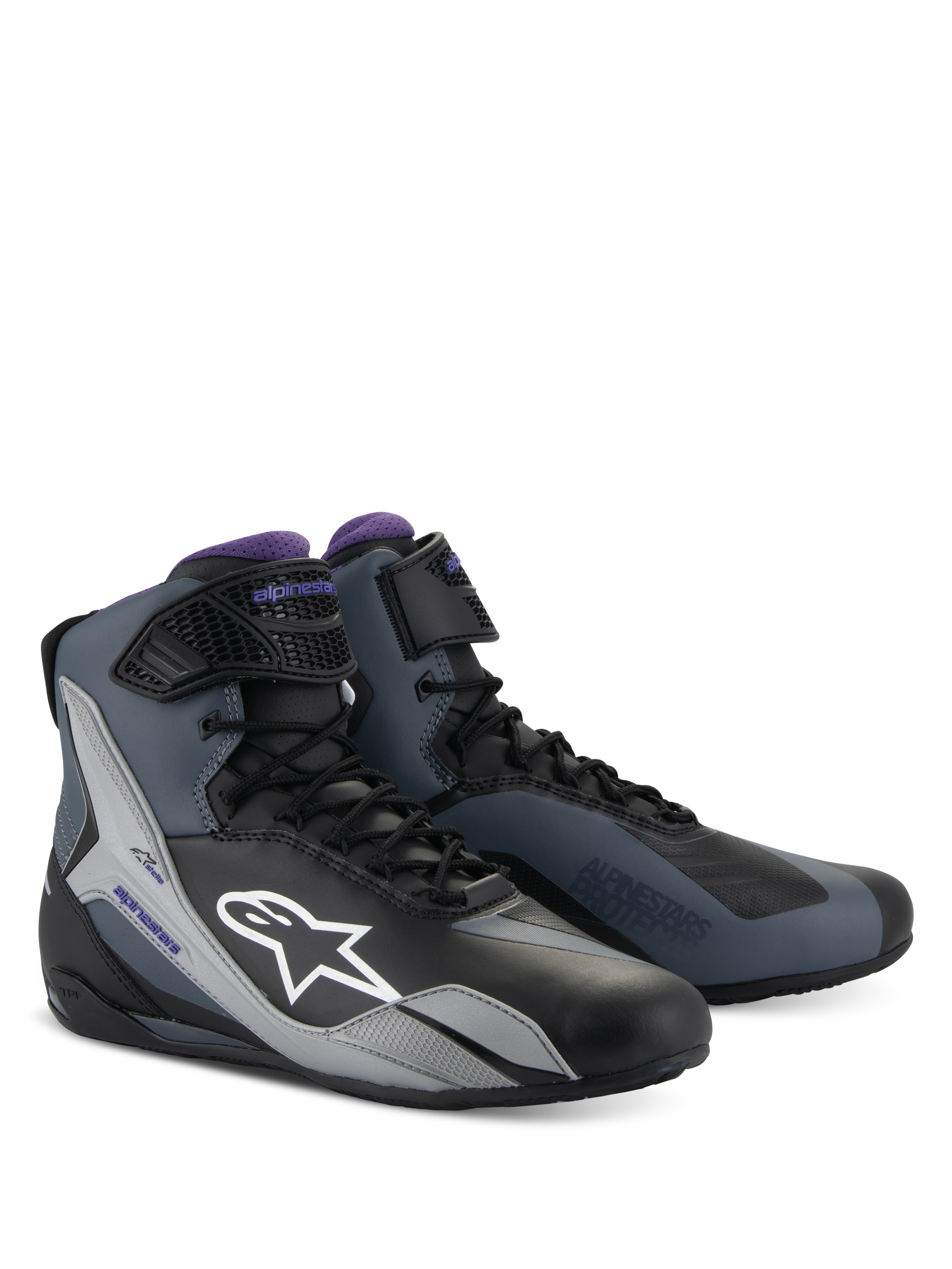 Alpinestars Stella Faster-4 dam-motorcykelstövlar, svarta, grå och violetta, teknisk hög modell med snörning och ankelrem.