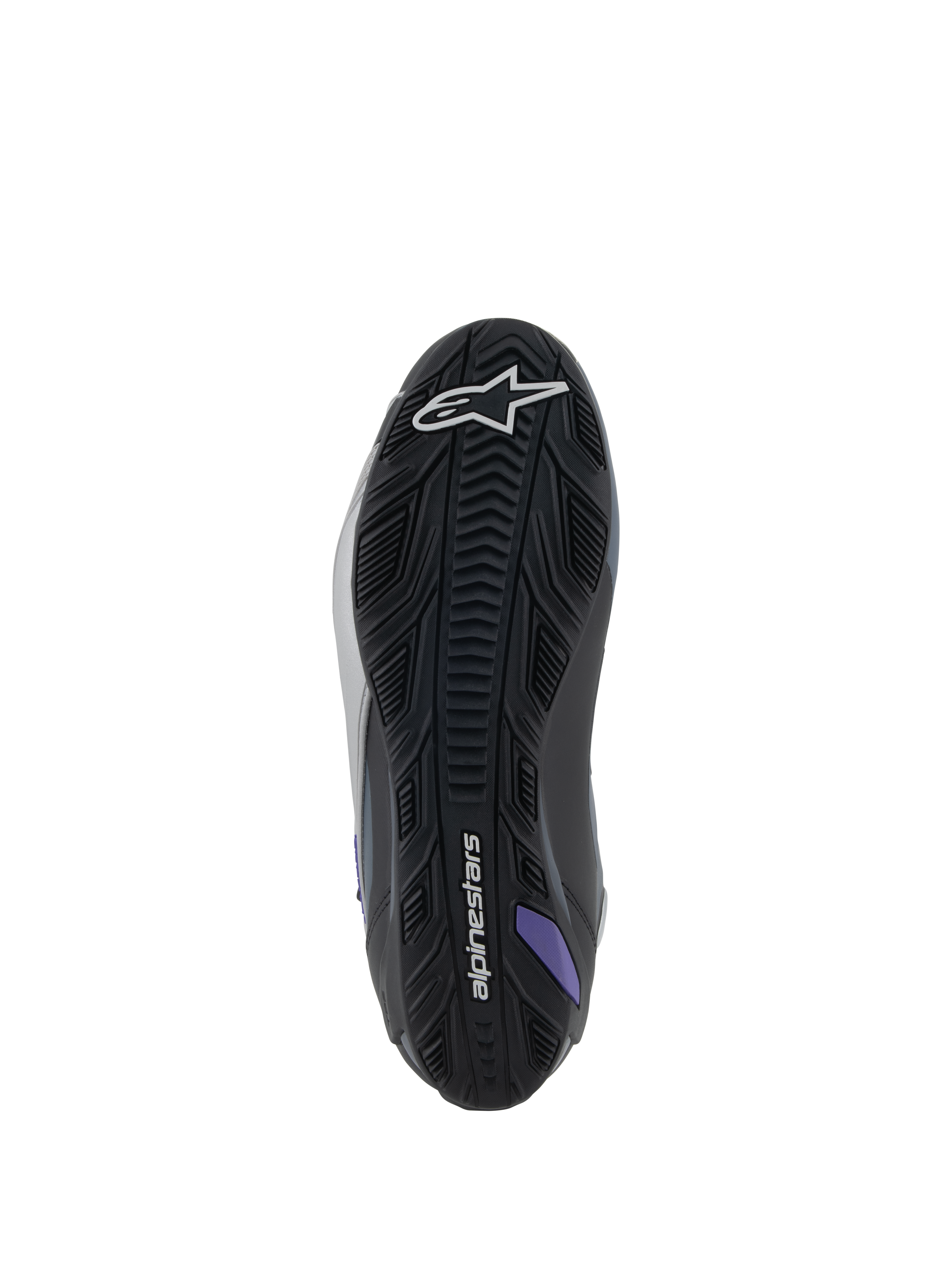 Alpinestars Stella Faster-4 skor, motorcykelstövlar för dam, undersida av sula, svart och grå med lila detaljer, texturerat gummigrepp för vägkörning