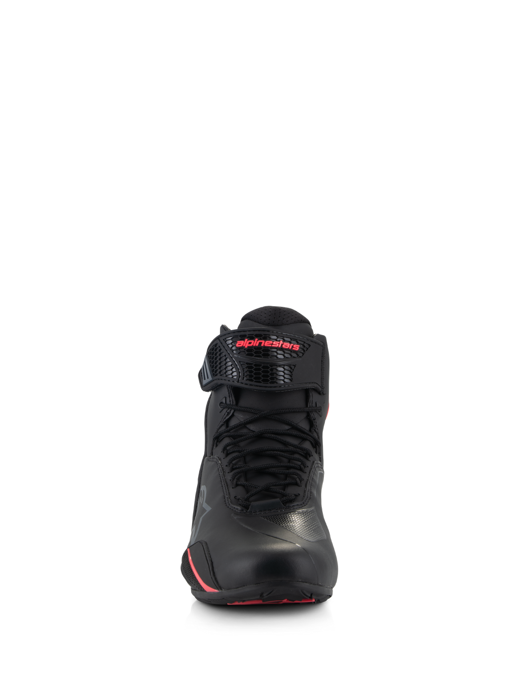 Alpinestars Woman Stella Faster-4 Shoes, Women's Motorcycle Riding Shoes, Black and Diva Pink, front view featuring black laces, adjustable ankle strap with pink logo, and sleek microfiber construction