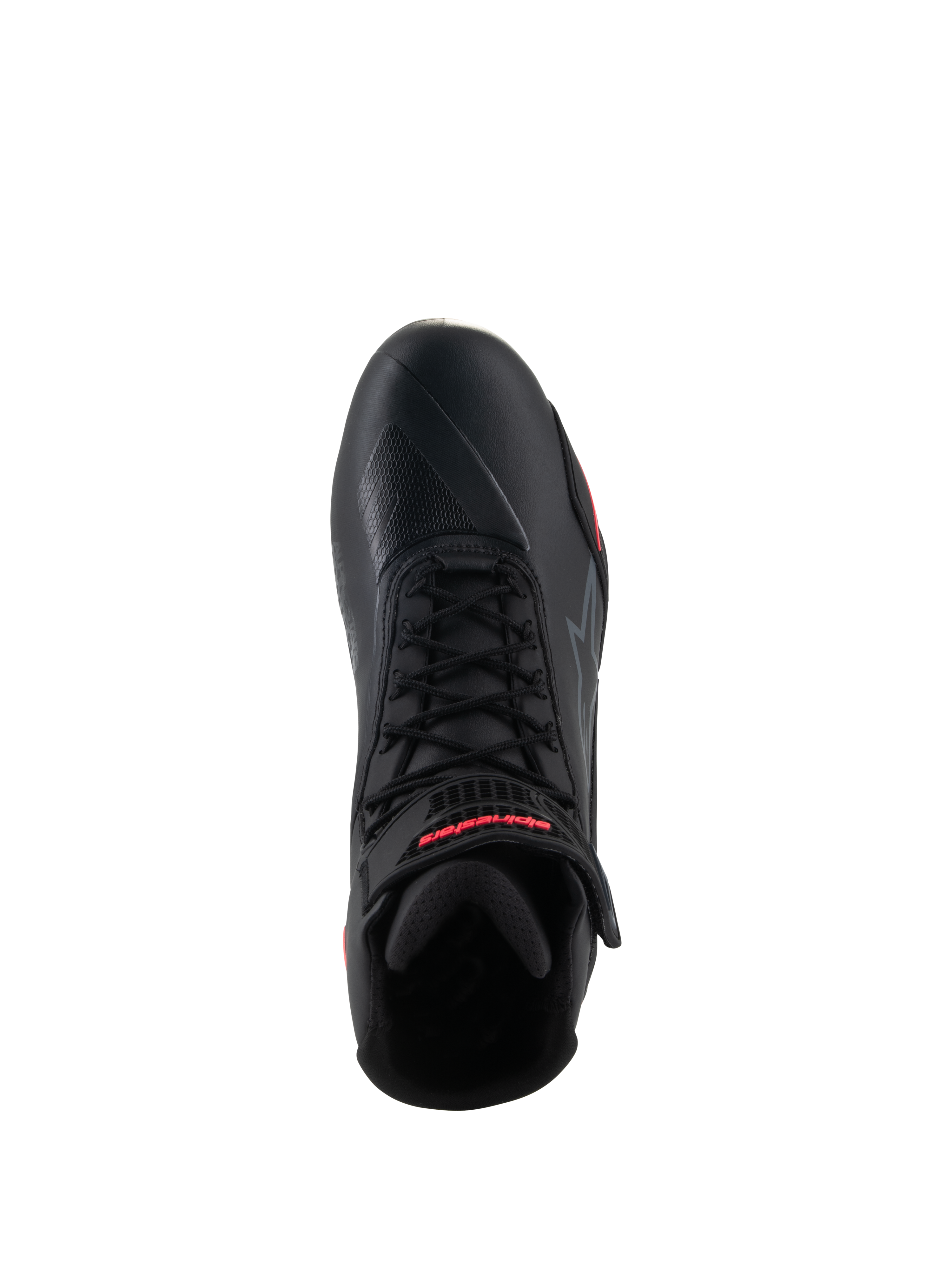 Alpinestars Woman Stella Faster-4 Shoes, Black and Diva Pink, top view of a single motorcycle riding shoe, featuring black laces, an ankle strap with red branding, and a sleek microfiber upper