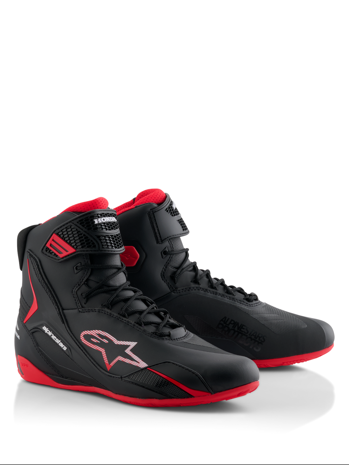 Alpinestars Honda Faster-4 skor, motorcykelskor, svarta och röda, smidig high-top-design med snörning och vristrem, röda sulor, Alpinestars- och Honda-logotyper