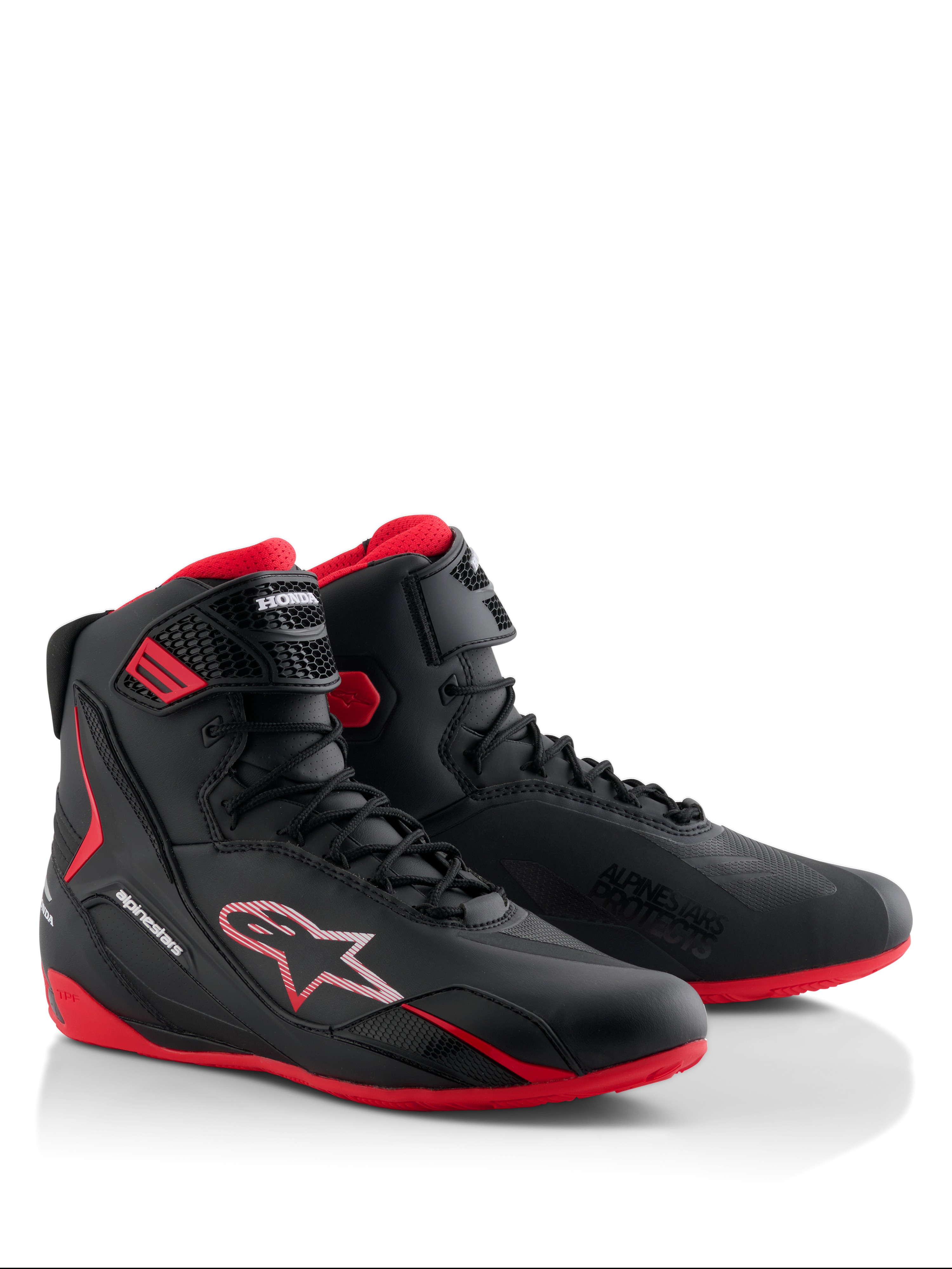 Alpinestars Honda Faster-4 skor, motorcykelskor, svarta och röda, smidig high-top-design med snörning och vristrem, röda sulor, Alpinestars- och Honda-logotyper