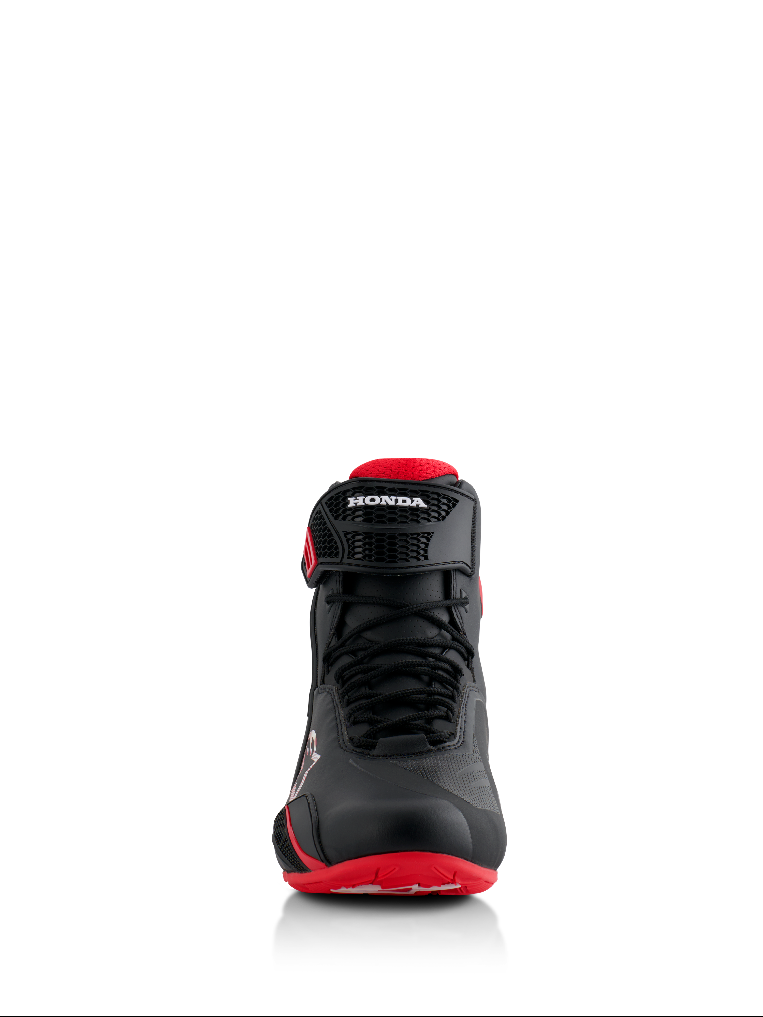 Alpinestars Honda Faster-4-skor, svarta och röda, vy framifrån, med sömlös mikrofiberkonstruktion, snörning och justerbar vristrem med Honda-logotyp