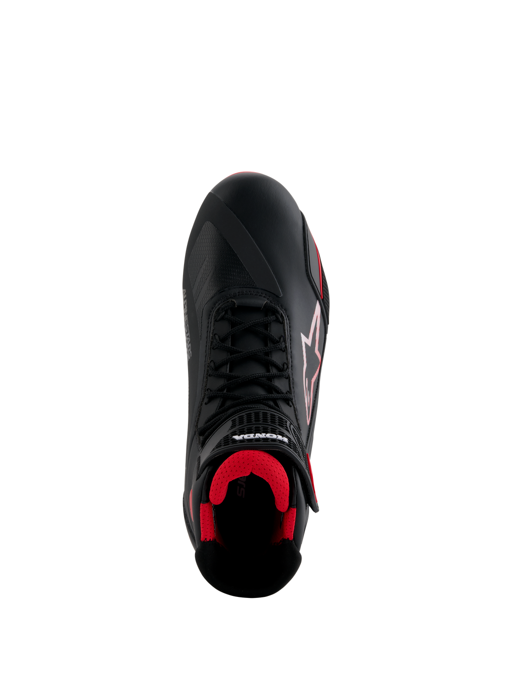 Alpinestars Honda Faster-4 skor, motorcykelskor, svarta och röda, vy uppifrån med ovandel i svart mikrofiber, röd mesh-insida, traditionell svart snörning samt Alpinestars- och Honda-logotyper