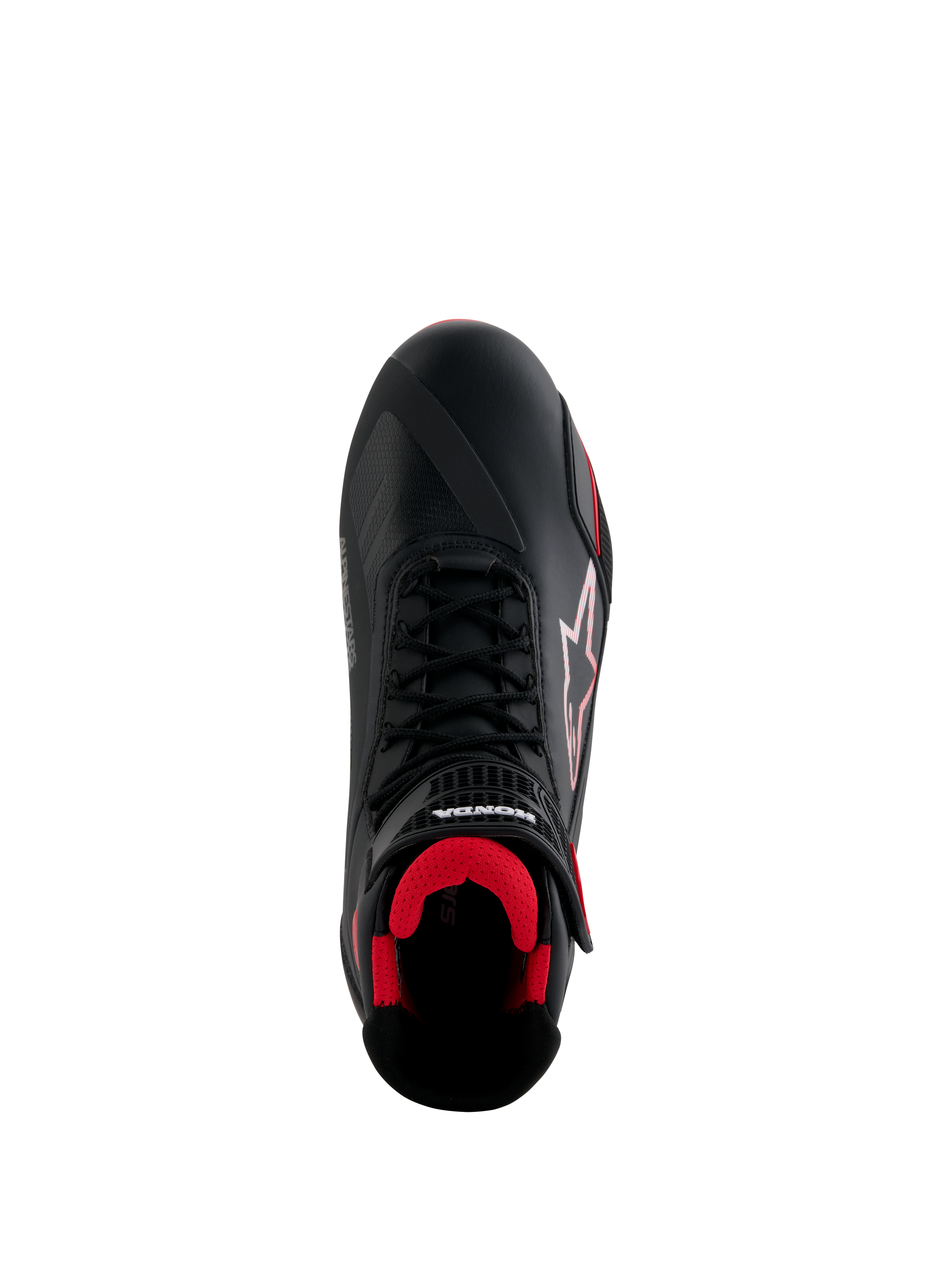 Alpinestars Honda Faster-4 skor, motorcykelskor, svarta och röda, vy uppifrån med ovandel i svart mikrofiber, röd mesh-insida, traditionell svart snörning samt Alpinestars- och Honda-logotyper