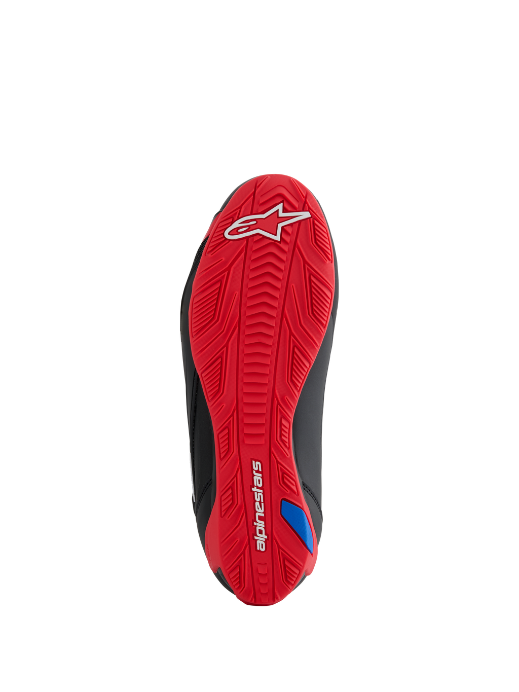 Alpinestars Honda Faster-4-skor, vy av sulan, klarröd texturerad gummiyttersula, vit Alpinestars-logotyp på hälen och ordmärke på hålfoten, integrerat greppmönster för motorcykelkörning, svarta sidoaccenter