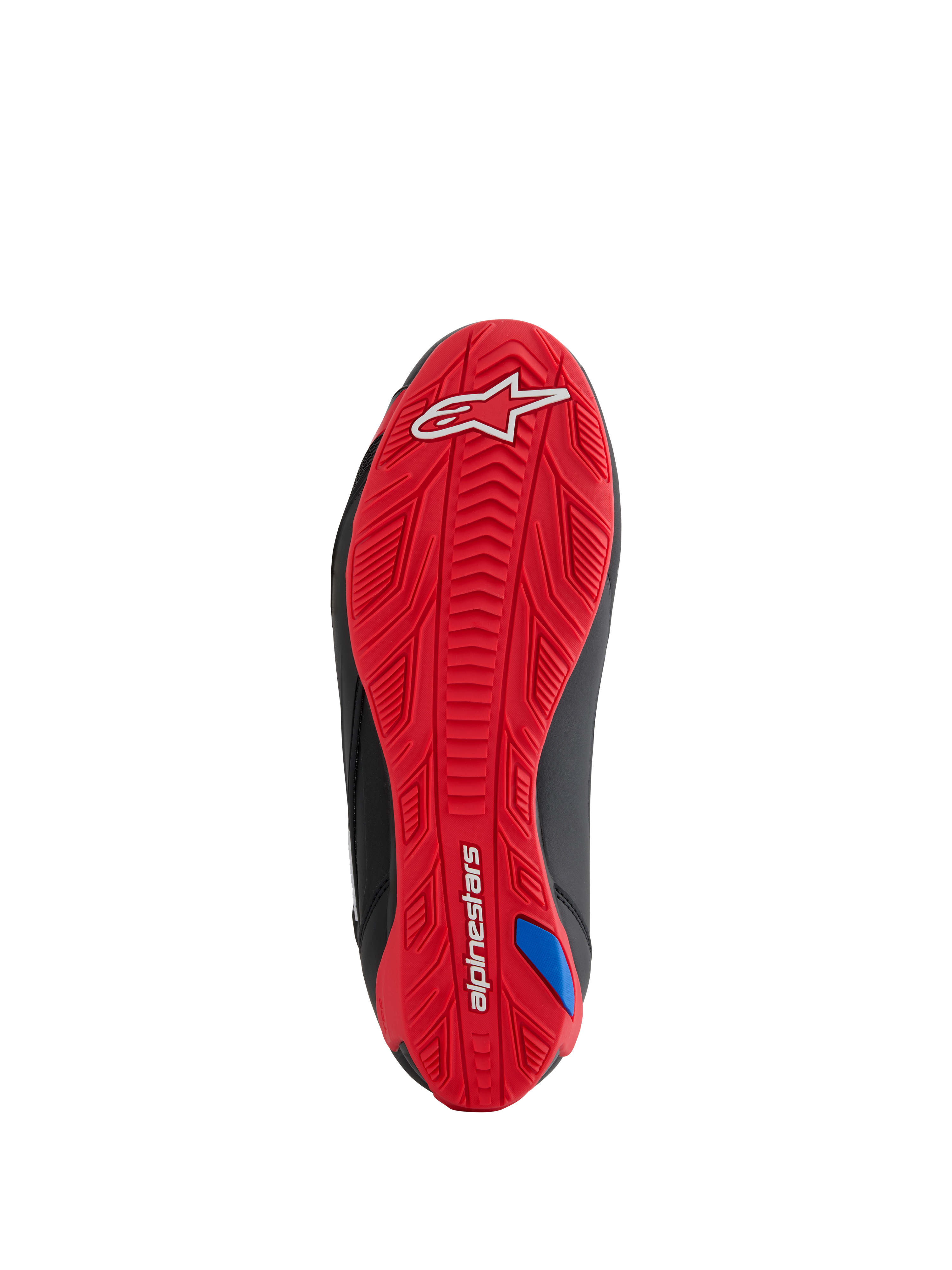 Alpinestars Honda Faster-4-skor, vy av sulan, klarröd texturerad gummiyttersula, vit Alpinestars-logotyp på hälen och ordmärke på hålfoten, integrerat greppmönster för motorcykelkörning, svarta sidoaccenter