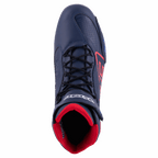 Alpinestars Austin Riding Shoe, Night Navy och Bright Red, vy uppifrån som visar svarta skosnören, rött innerfoder i mesh och navyblått mikrofiber-chassi med röda logotypdetaljer