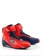 Alpinestars MM93 Faster-4 Shoes, motorcycle riding shoes in Red Fluo and Dark Blue, featuring a lace-up closure with a top ankle strap, white Alpinestars logos, and technical microfiber construction for road and sport riding.
