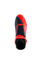 Alpinestars MM93 Faster-4 Shoes, Motorcycle Riding Shoes, Red Fluo and Dark Blue, top-down view featuring traditional lace system and hook-and-loop ankle strap, asymmetric toe design for gear shift protection, vibrant performance footwear for road riding