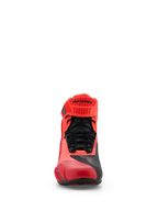 Alpinestars MM93 Faster-4 Shoes, Motorcycle Riding Shoes, Red Fluo and Bright Red with Black accents, front-facing view featuring black laces, a red adjustable TPR strap with Alpinestars branding, and lightweight microfiber construction.