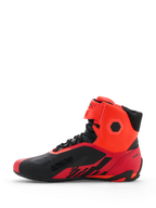 Alpinestars MM93 Faster-4 Shoes, Motorcycle Riding Shoes, Red Fluo and Black, side profile view showing technical microfiber construction, lace-up closure with hook-and-loop ankle strap, 'ALPINESTARS PROTECTS' branding on the side, sport-inspired design for road riding