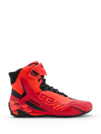 Alpinestars MM93 Faster-4 Shoes, Motorcycle Riding Shoes, Red Fluo Bright Red and Black, side profile view, featuring bold 93 Marc Marquez branding, lace-up closure with a hook-and-loop ankle strap, and protective TPR details.