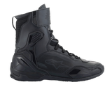 Alpinestars Superfaster Shoes, Motorcycle Riding Shoes, Black Black, tall high-top profile with speed lace system and ankle strap, featuring microfiber and Rideknit panels, reinforced TPU heel counter and toe protection, sleek athletic design for road riding