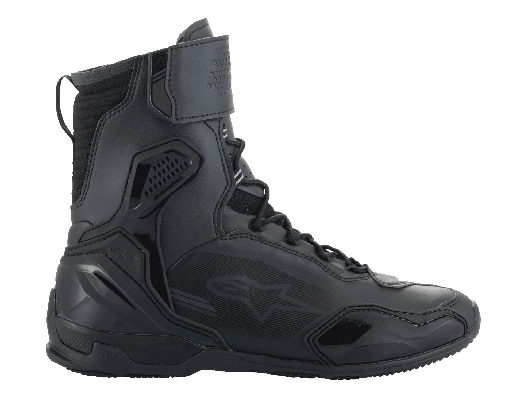 Alpinestars Superfaster Shoes, Motorcycle Riding Shoes, Black Black, tall high-top profile with speed lace system and ankle strap, featuring microfiber and Rideknit panels, reinforced TPU heel counter and toe protection, sleek athletic design for road riding