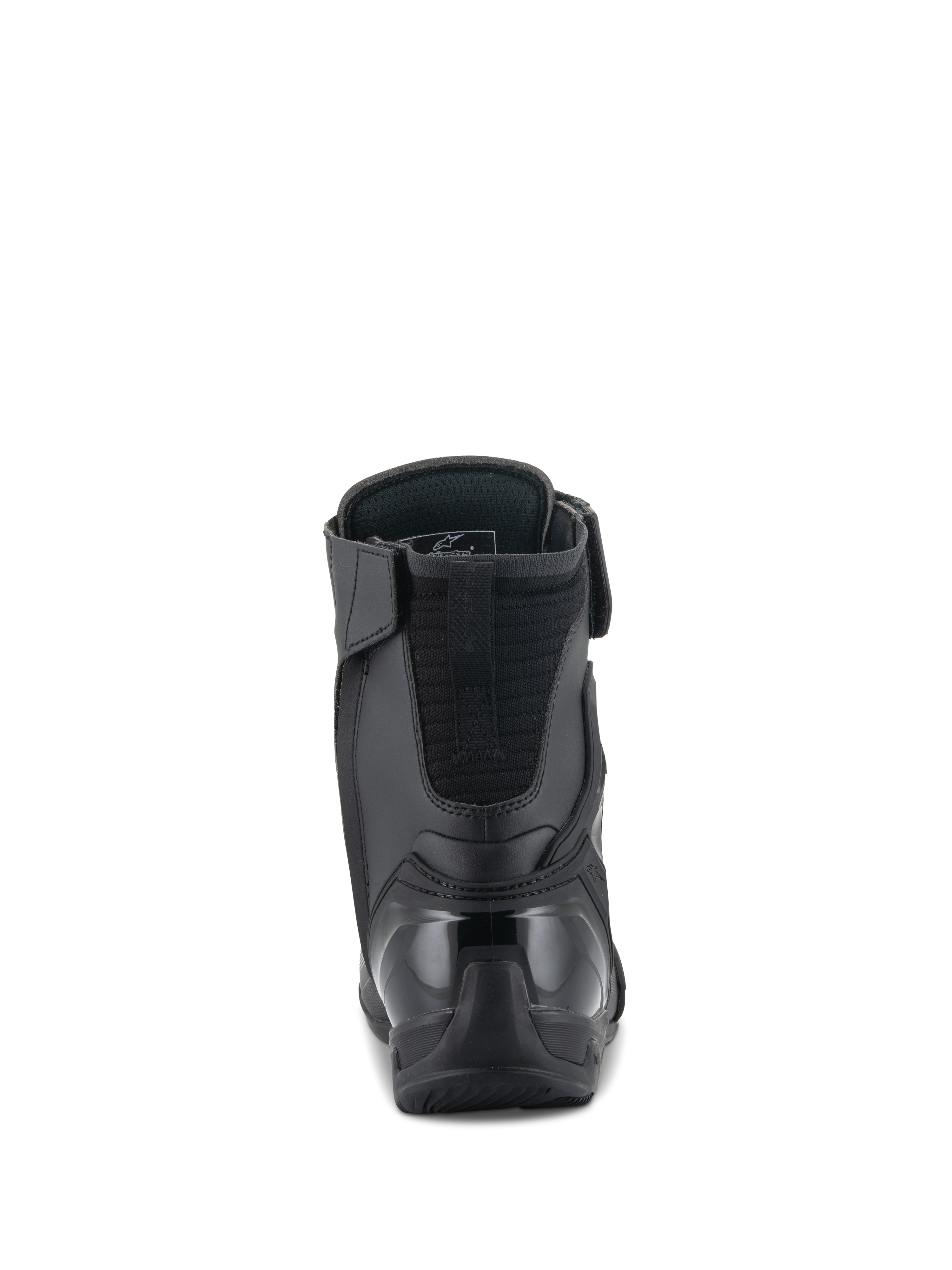 Alpinestars Superfaster Shoes, Motorcycle Riding Shoes, Black, Rear view featuring a reinforced TPU heel counter and padded Achilles extension, sleek high-top design for sport riding protection