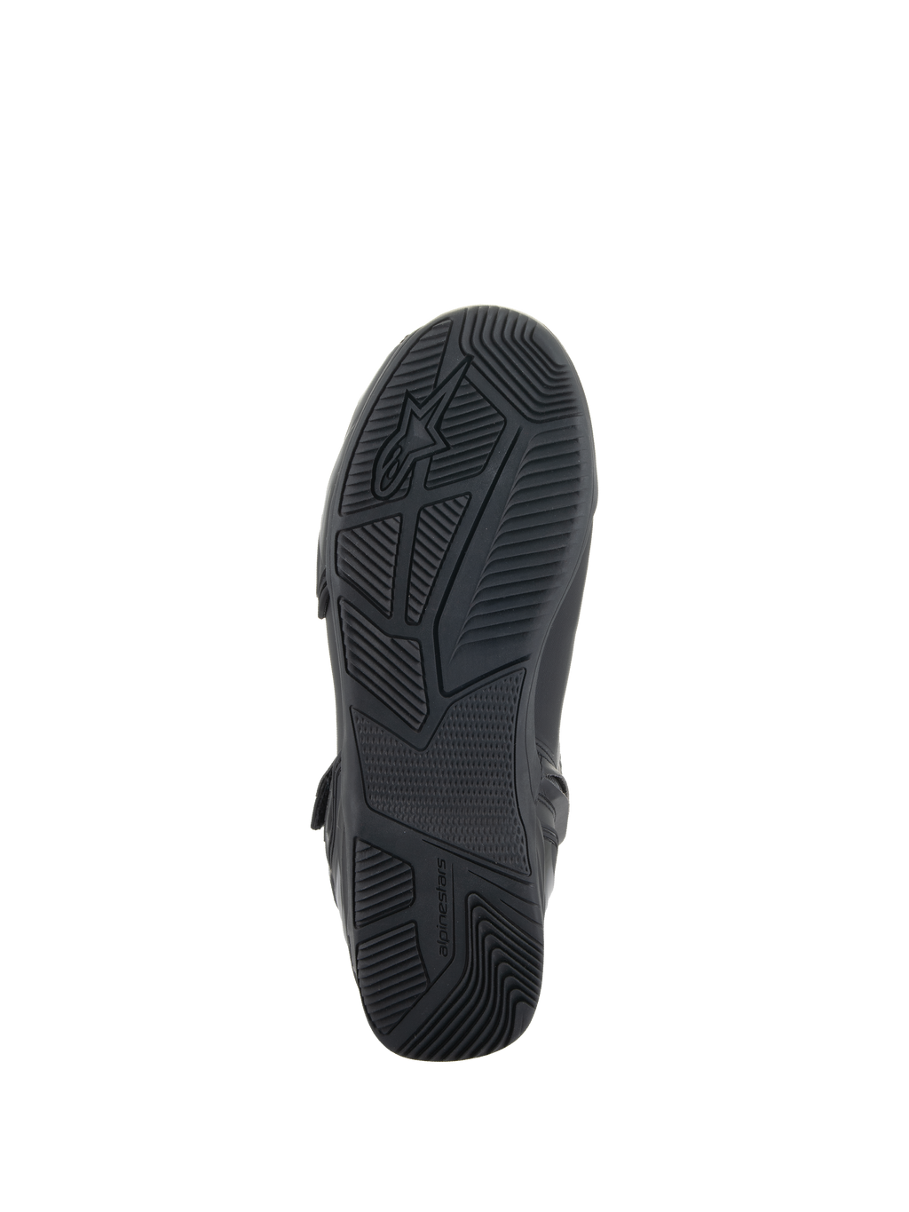 Alpinestars Superfaster Shoes, Black, bottom view showing the rubber sole with engineered grip and tread patterns, featuring the Alpinestars logo and branding, designed for motorcycle riding stability.