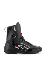Alpinestars Superfaster Shoes, high-top motorcycle riding shoes in Black, Gray, and Bright Red, lateral side view featuring a white Alpinestars logo, red lace accents, and integrated protective panels for ankle and heel support.
