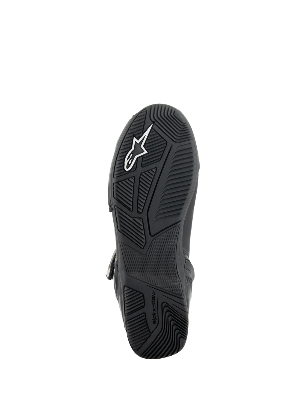 Alpinestars Superfaster Shoes, Black/Gray/Bright Red, bottom view of the black rubber sole featuring an engineered tread pattern for grip, TPF protection frame integration, and white Alpinestars logo.