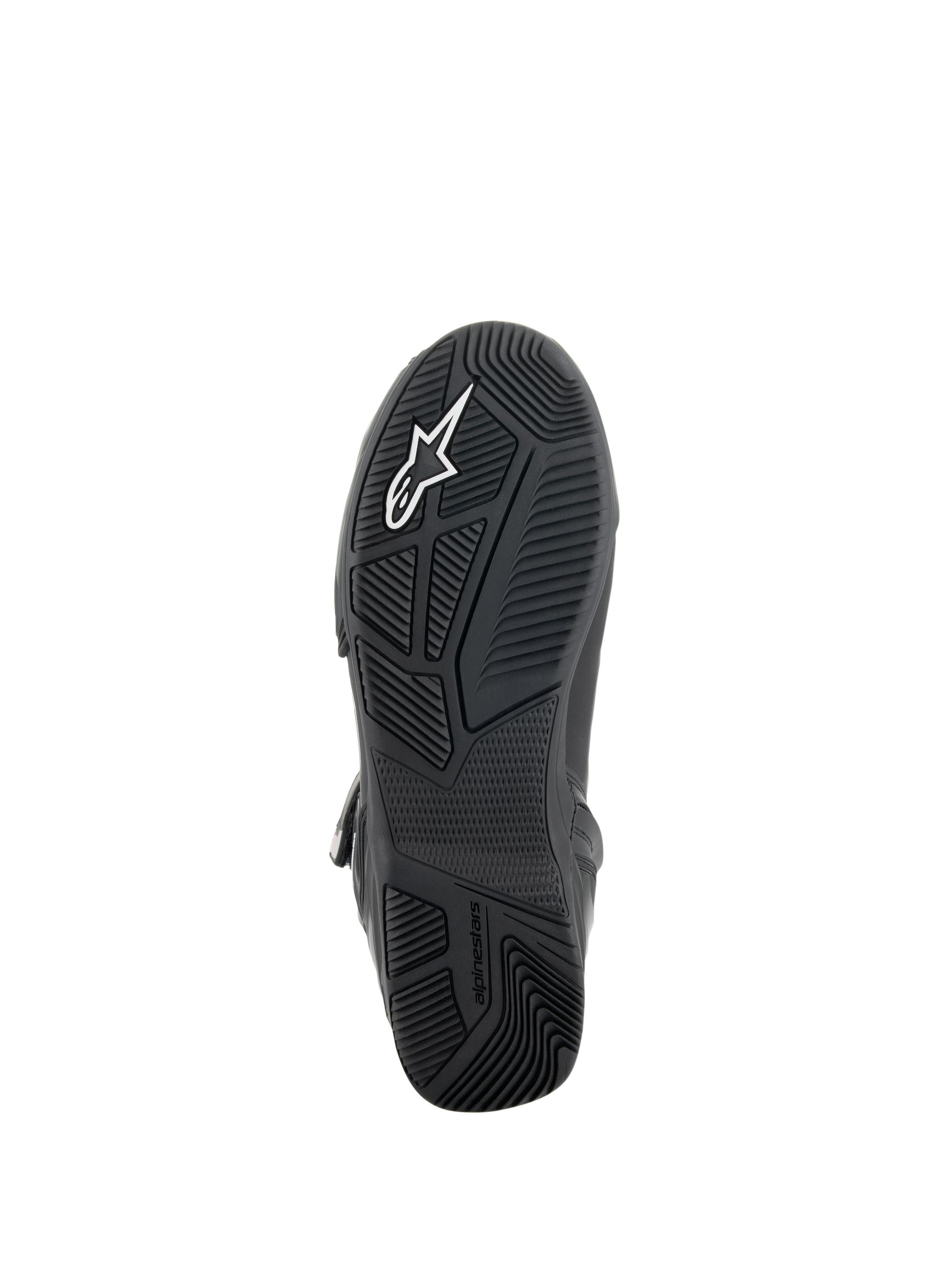 Alpinestars Superfaster Shoes, Bottom view of the sole, Black rubber outsole with engineered multi-directional grip patterns, featuring white Alpinestars logo and embossed branding, technical footwear design for motorcycle riding