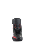 Alpinestars Superfaster Shoes, high-cut motorcycle riding shoes, black with bright red and white accents, front view featuring speed lace system, protective shin strap with debossed star logo, and reinforced toe area.