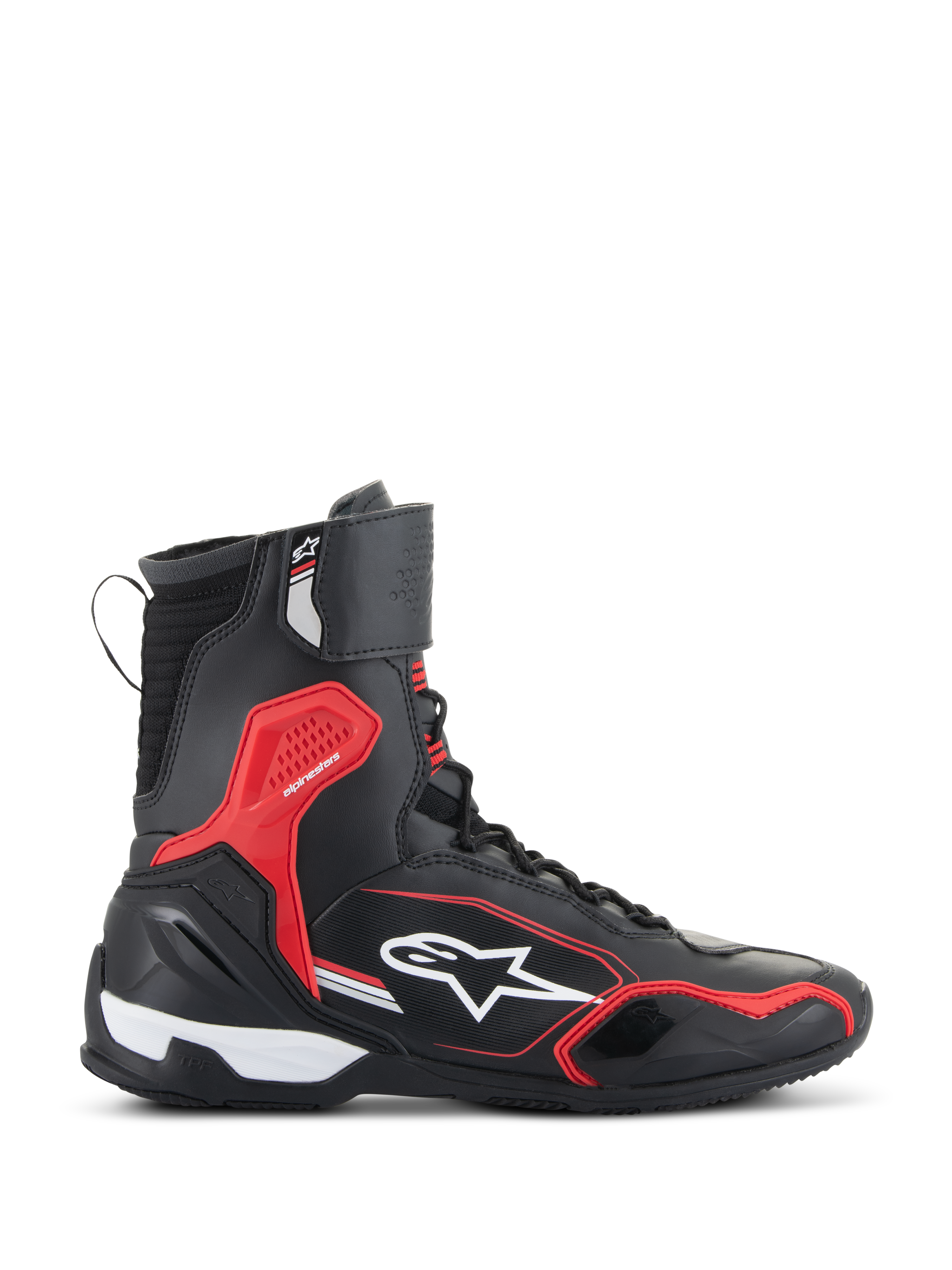 Alpinestars Superfaster Shoes, Motorcycle Riding Shoes, Black Bright Red and White, side view featuring a tall collar, red TPU impact protection, and white Alpinestars logo, sport-oriented protective road footwear