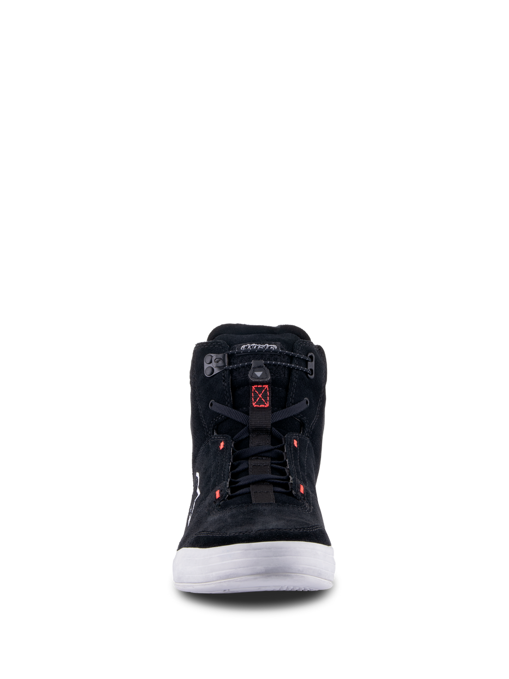 Alpinestars Chrome-skor, Black Cool Gray Red Fluo, vy framifrån av en urban motorcykelsko med konstruktion i splitmocka, vit sula och elastisk stängning med röda accenter.