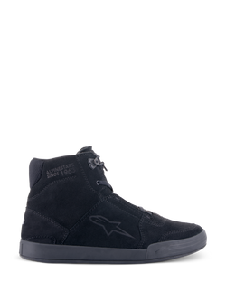 Alpinestars Chrome Shoes, Urban Motorcycle Riding Shoes, Black/Black, high-top sneaker silhouette in split suede, featuring side star logo and 'Since 1963' ankle text, casual streetwear design with flat rubber sole