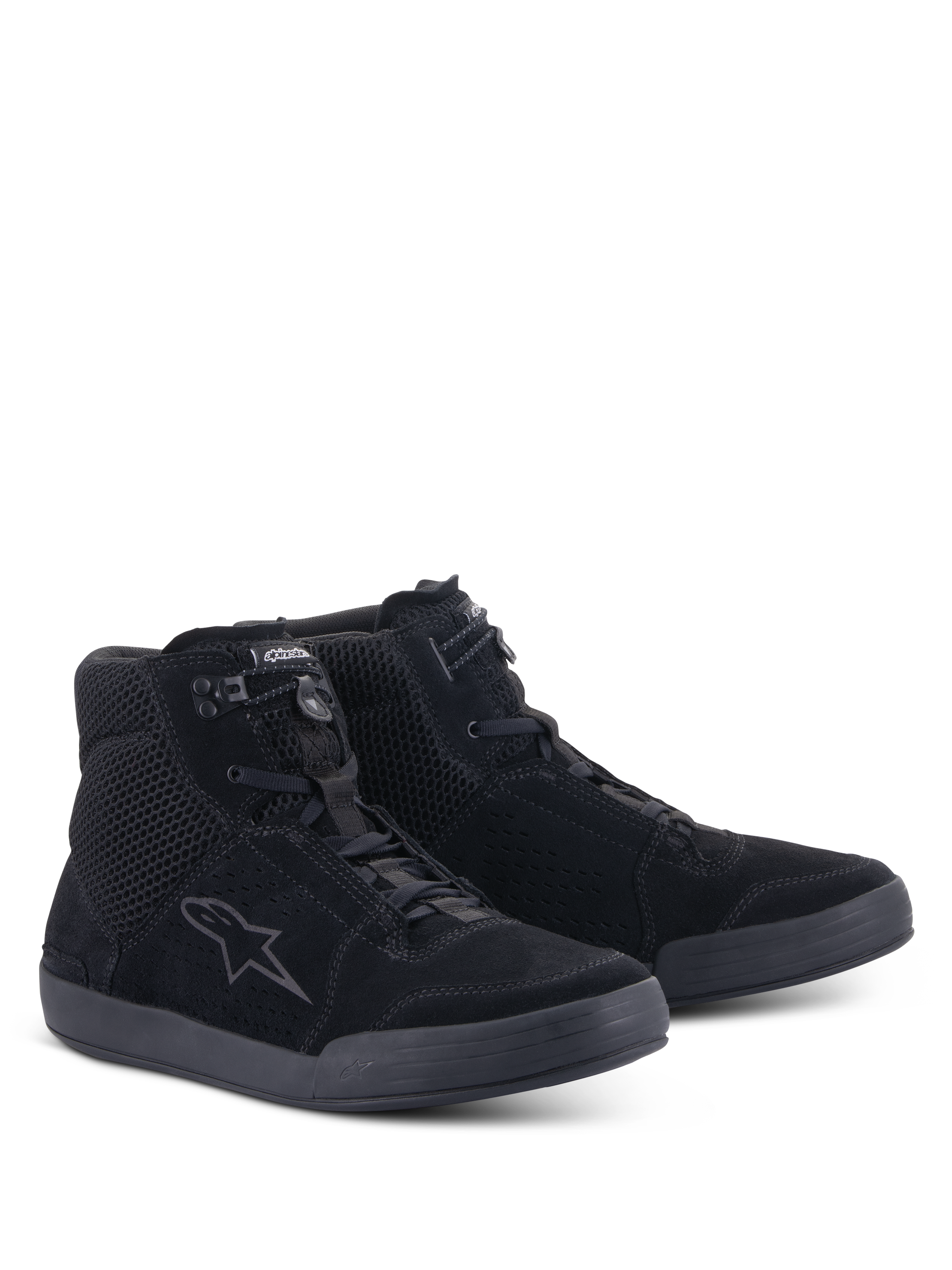 Alpinestars Chrome Air Shoe, Motorcycle Riding Shoes, Black Black, three-quarter front view, split suede and mesh upper with Alpinestars logo on the side, urban high-top sneaker design for road riding