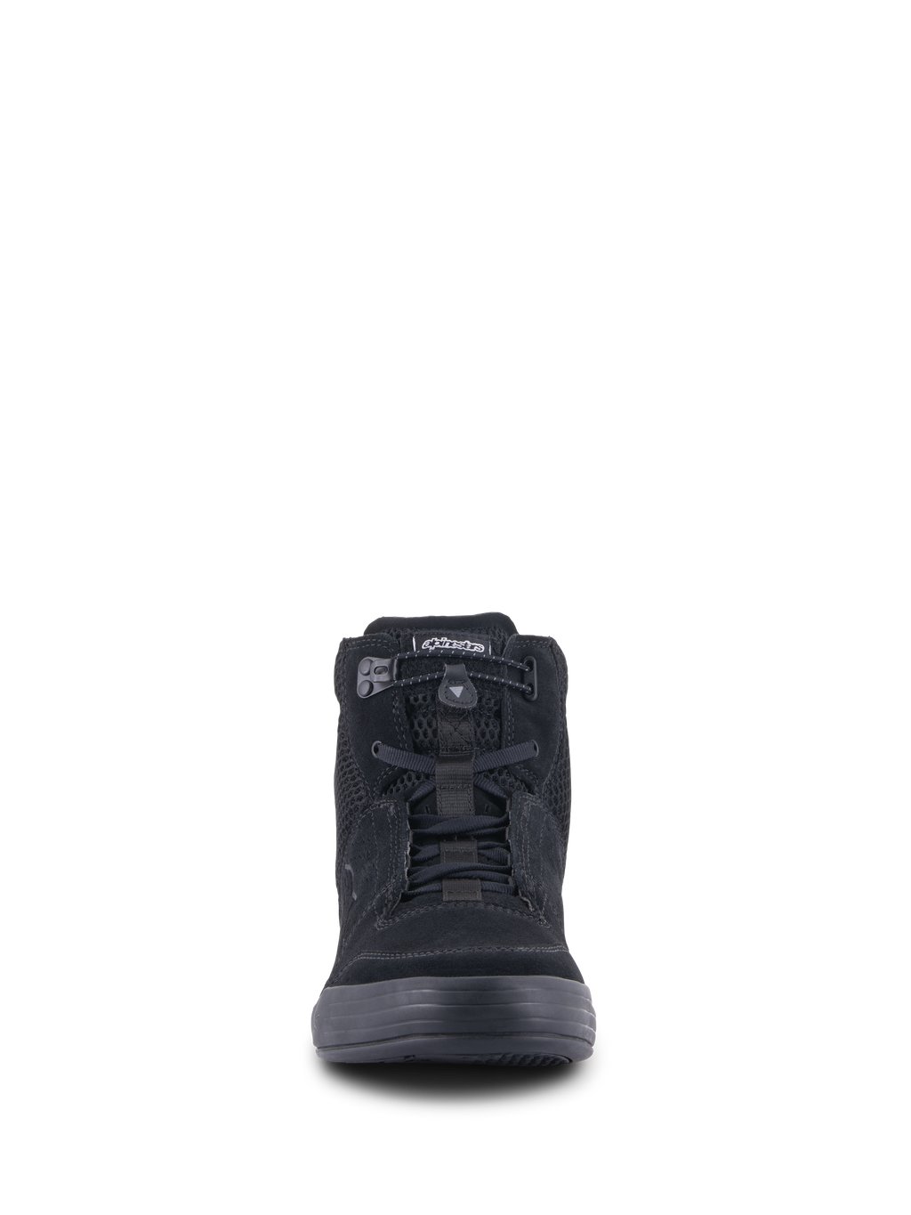 Alpinestars Chrome Air Shoe, urban motorcycle riding shoe, Black, front view showing split suede and mesh upper, elasticated lace closure, and casual high-top sneaker design